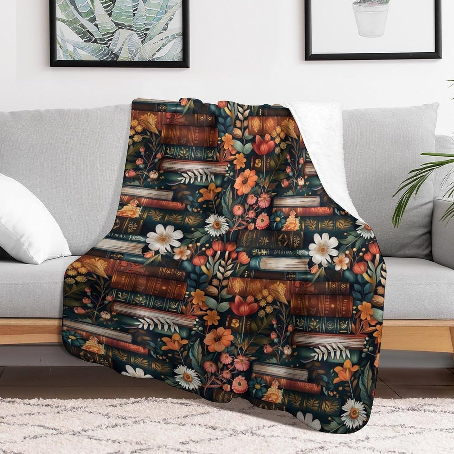 Vintage Book Lover Blanket, Floral Library Print Throw, Soft Cozy Fleece Blankets for Kids Women Girls, Retro Readers Decor for Room Couch & Bed Birthday Gifts 50x60in