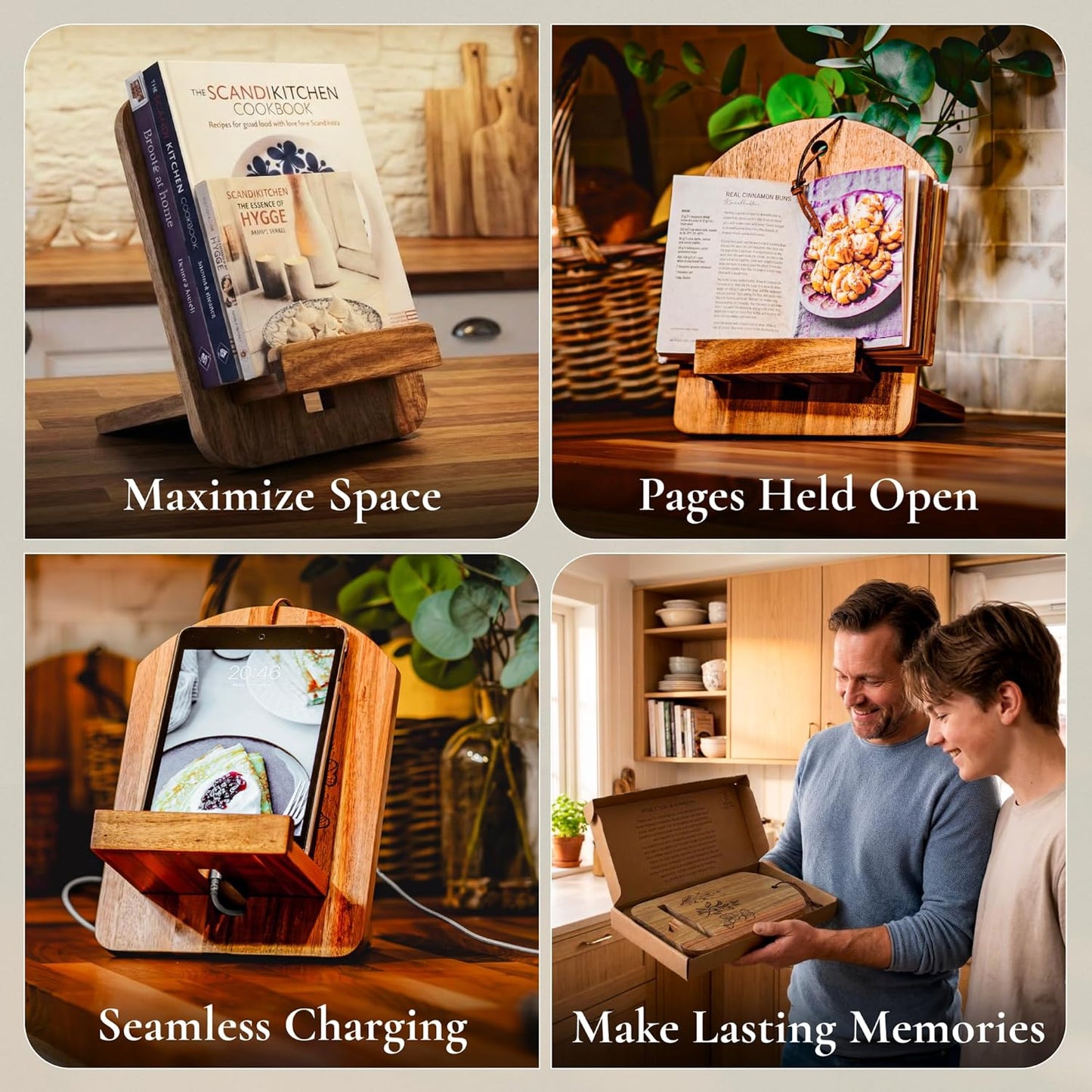Wood Cook Book Stand for Kitchen Counter - Reversible Acacia Wooden Recipe Book Holder Stand - Cooking Measurement Conversion Card - Gift-Ready Adjustable Tablet Cook Book Holder - Charging Cable Slot
