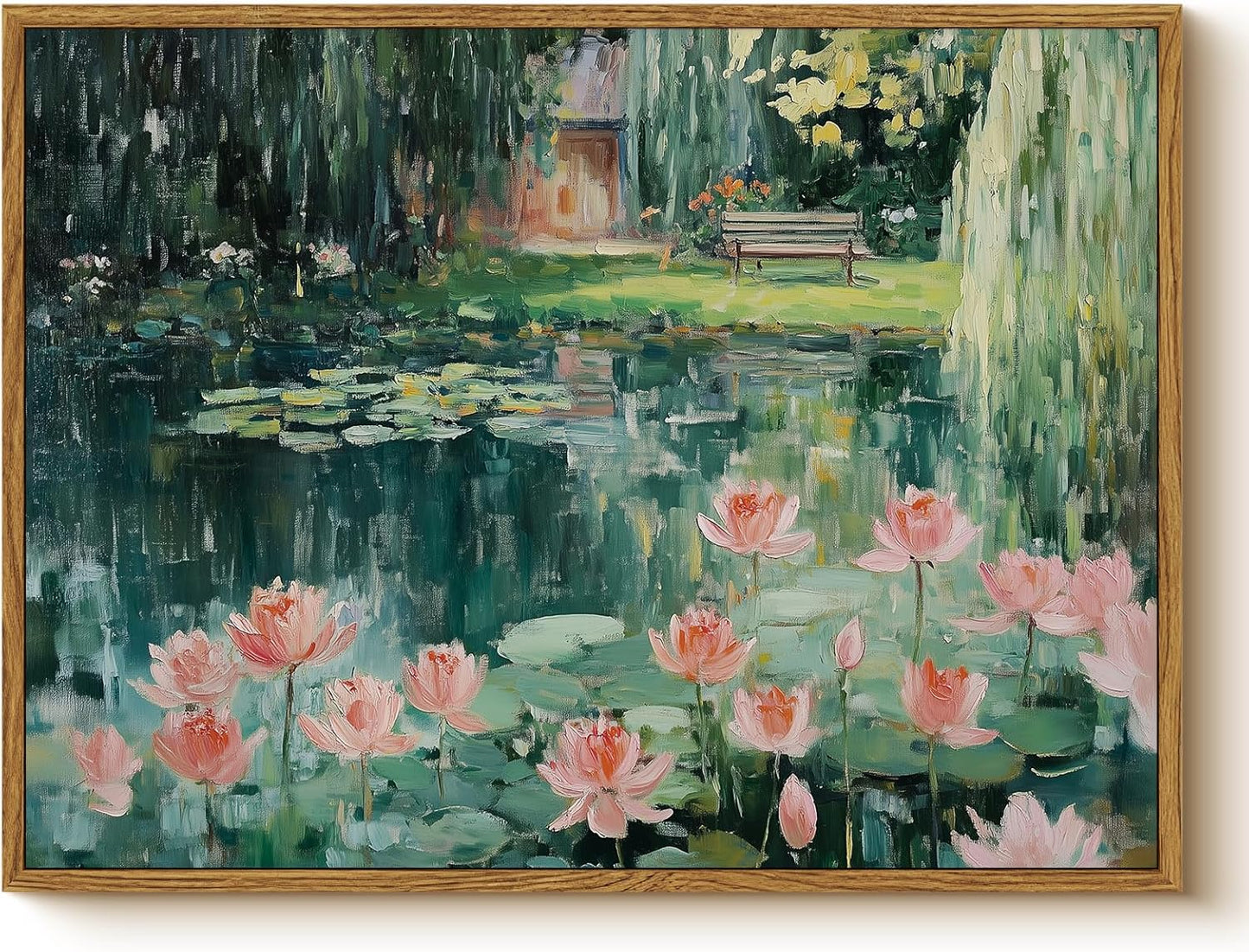 WHASAYART Vintage 12x16 Framed Lotus Pond Floral Wall Art, Monet-Inspired Water Lily Canvas Print, Impressionist Garden Bench Landscape Oil Painting for Living Room Bedroom Entryway Office Decor