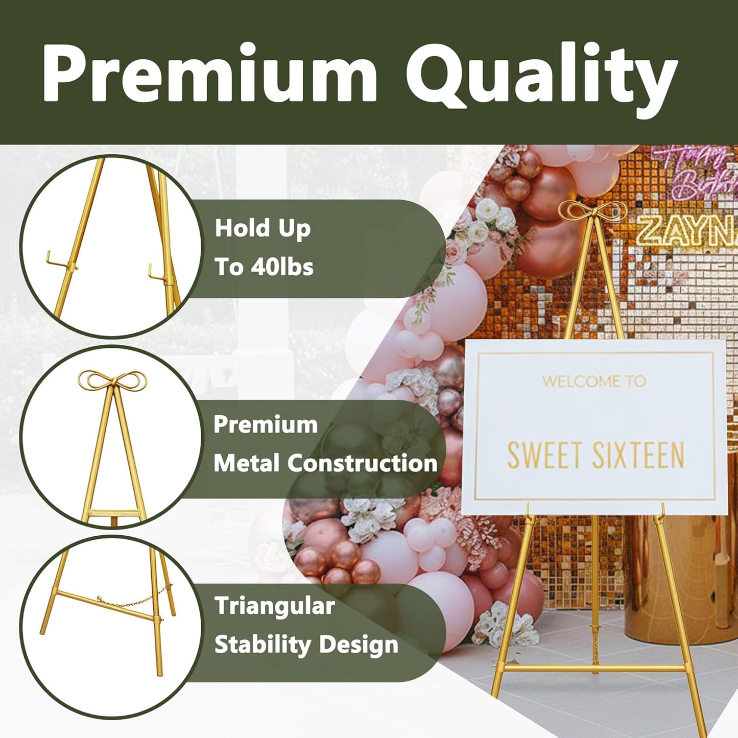 Gold Easel Stand for Sign, 55'' Adjustable Easel Stand for Display, Metal Easel Display Stand Heavy Duty(Round Tube)