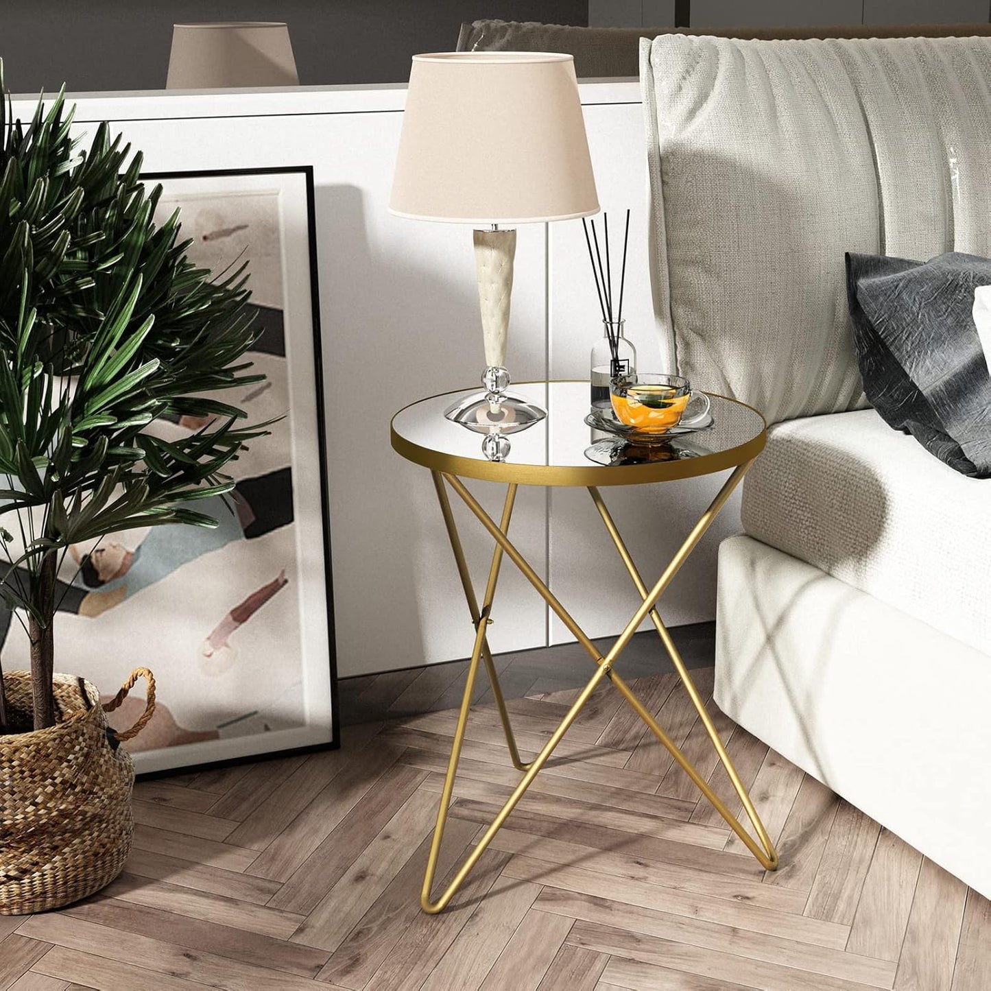 HLR Modern Round Side Table, End Table with Marble Effect Top and Gold Metal Frame, Small Side Table for Living Room, Bedroom, Sofa and Couch, Gold Legs, Mirror top