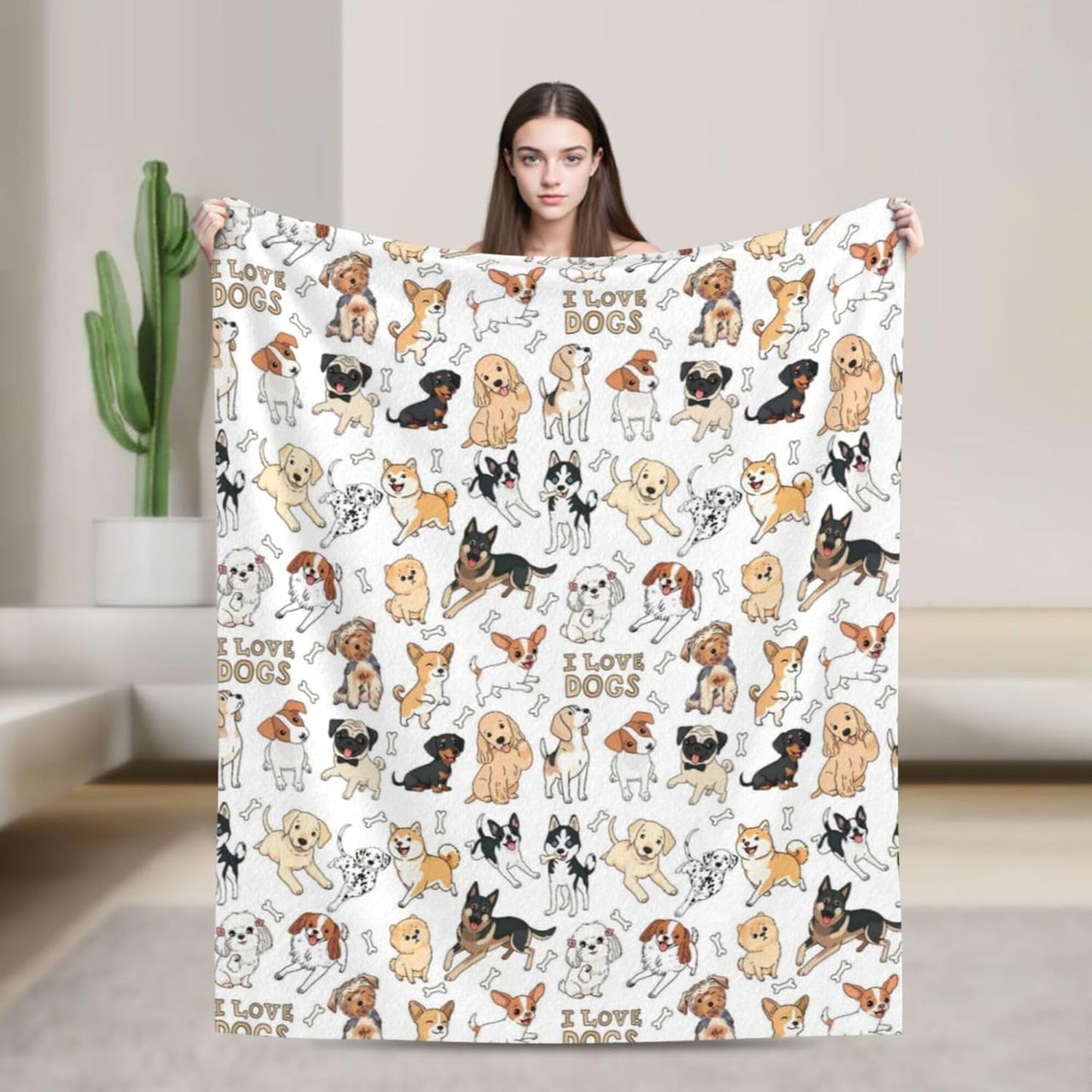 Throw Blanket, Soft Flannel Throw Blanket for Couch, Bed, Travel, Living Room & Home Decor, Cozy Lightweight Warm Fluffy Fuzzy Blankets for Adults Women Girls (50×40 Inch, I Love Dogs)