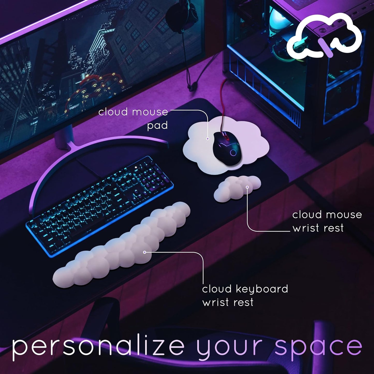 Qloud Cloud Wrist Rest Keyboard Wrist Rest for Computer Keyboard Pad, Cloud Keyboard Wrist Rest, Wrist Pad for Keyboard, Memory Foam, Non Slip Base, Comes with Mouse Pad - White
