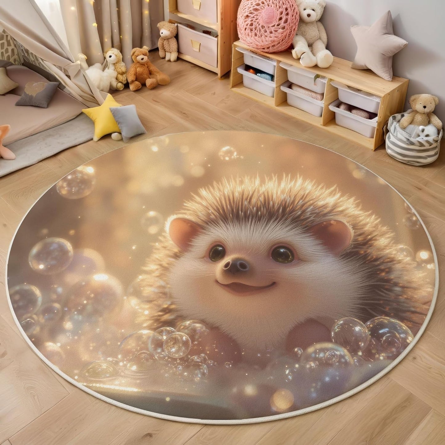 Modern Round Area Rug for Living Room, 6Ft Washable Round Rug Beige Yellow Cute Sunny Hedgehog Circle Rugs for Dining Room Table, Fun Animal Bathtub Small Circular Floor Carpet for Bedroom