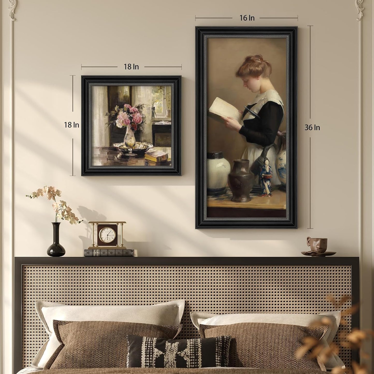 Framed Vintage Wall Art for Bedroom, 2 Piece Neutral Mid Century Modern Aesthetic Canvas Painting Prints, Victorian French Country Floral Woman Peaceful Portrait Artwork for Office Dining Room Decor