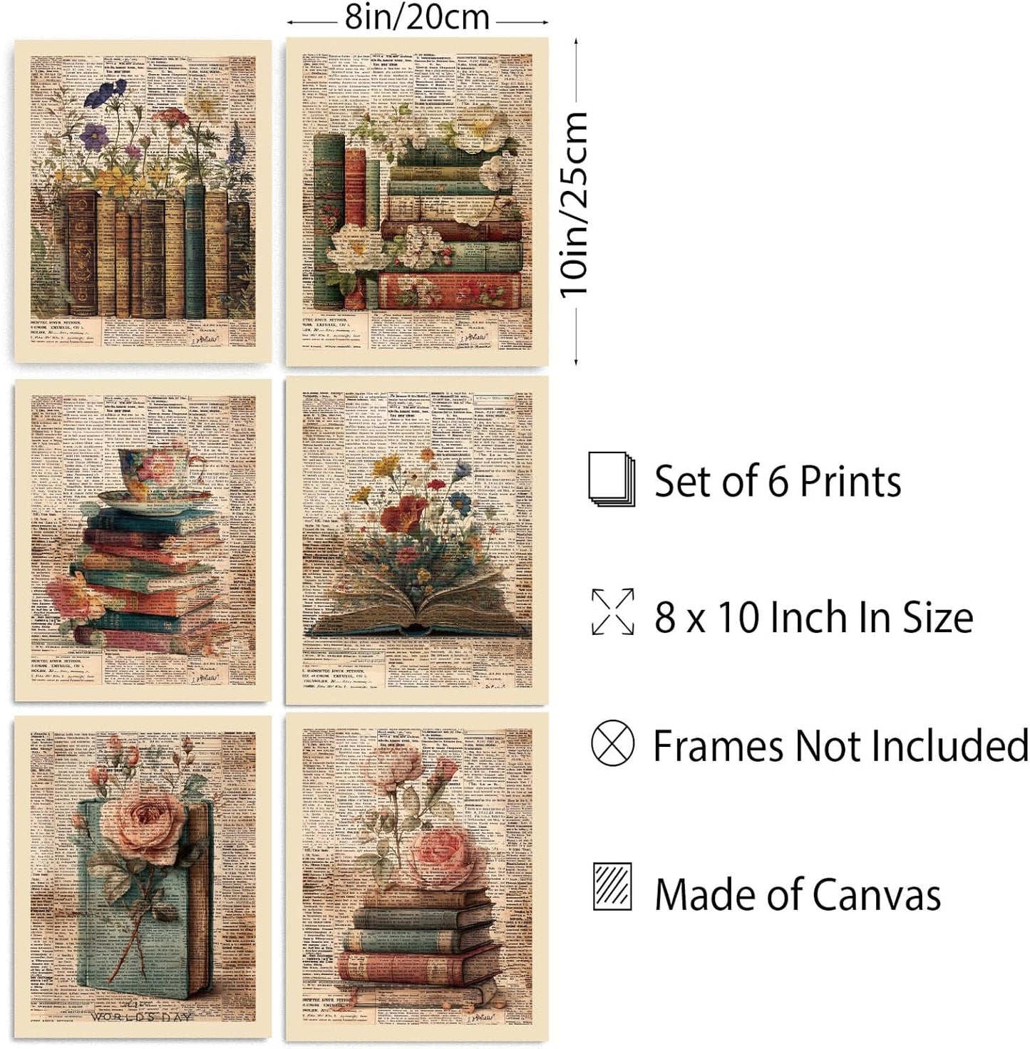 INFUNLY 6 Set Vintage Book Flower Wall Art Print 8x10Inch Retro Floral Poster Pictures Text Background Canvas Wall Art Unframed Academia Aesthetic Pictures Prints for Bedroom Office Study Room Decor