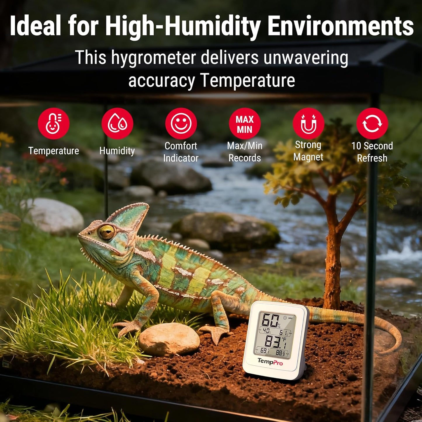 TempPro TP150 Greenhouse Thermometer Hygrometer, IPX5 High-Humidity Resistant Temperature and Humidity Monitor, High/Low Records Humidity Meter for Indoor Grow Tents, Reptile(Previously ThermoPro)