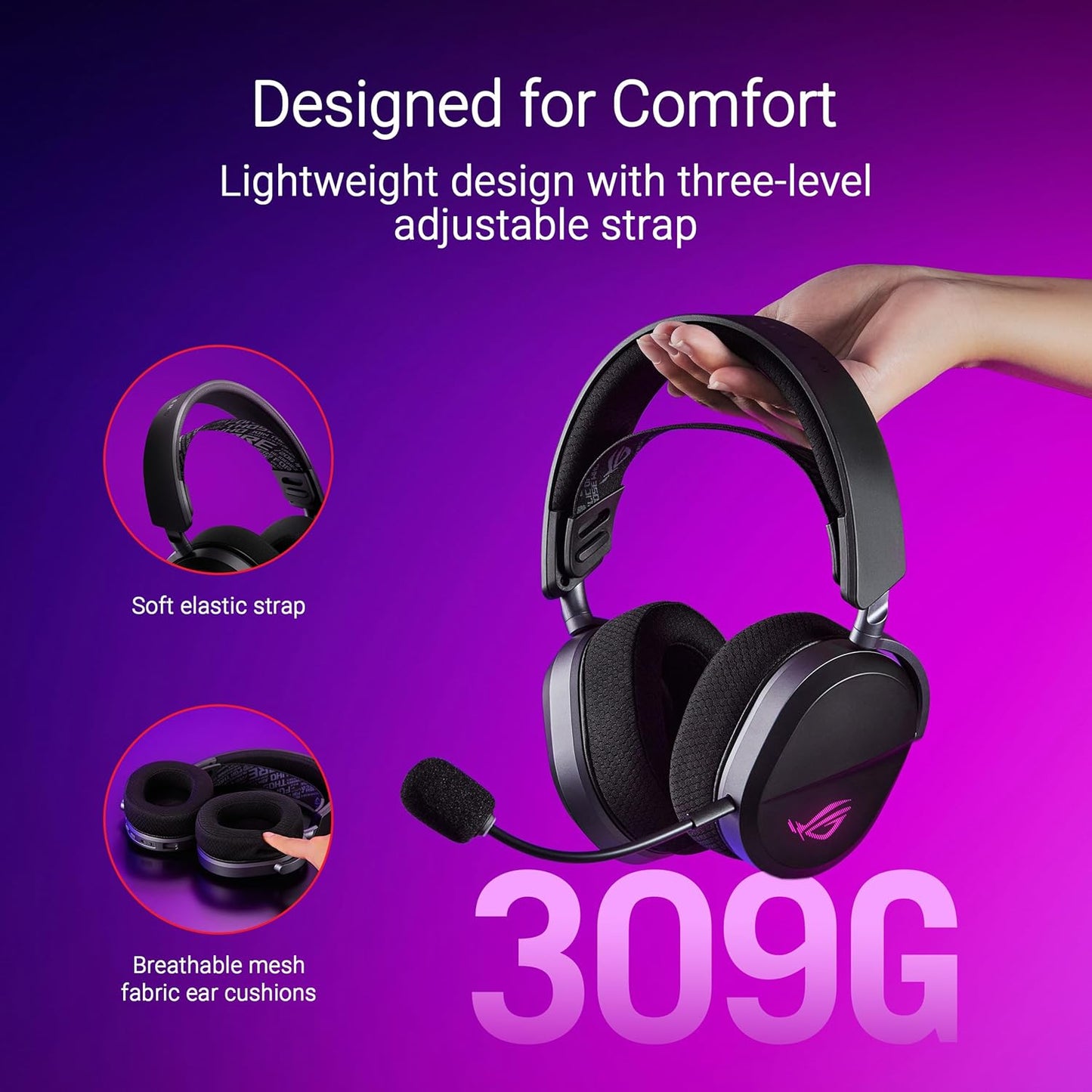 ASUS ROG Pelta Wireless Gaming Headset with Detachable Mic – Tri-Mode (BT, 2.4GHz, USB-C) 50mm Titanium-Plated Drivers, 70Hr Battery, Ergonomic, Lightweight, for PC, PS5, PS4, Switch, Mobile - Black