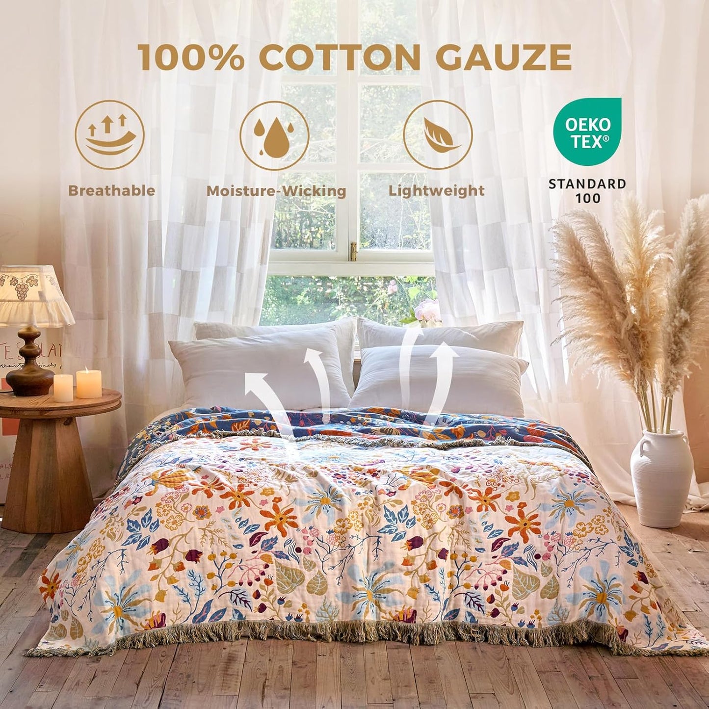 Boho Throw Blanket with Florals & Leaves Embroidery Reversible Lightweight Spring Cotton Gauze Throws for Couch,Bed,Sofa & Chair Decor - Bohemian Living Room Accent Gift 50"x60"