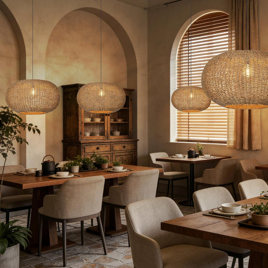 Boho Pendant Lights Kitchen Island, 15.72" Hand-Woven Rattan Lighting Fixture Bohemian Farmhouse Dome Weaving Ceiling Hanging Lamp Chandelier for Living Dining Room Restaurants