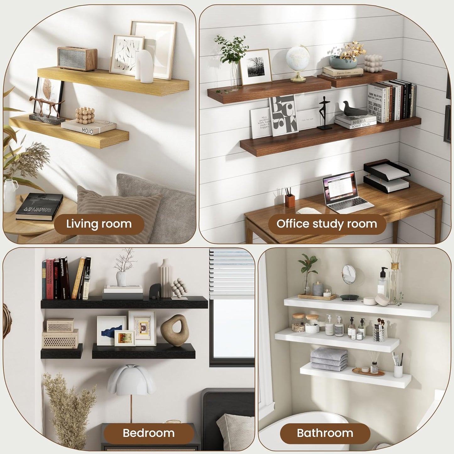 Axeman Square Floating Shelves for Wall, 8" W x 8" D x 1.4" H Rustic Wooden Wall Shelves, 4 Pack Wall Mounted Floating Shelf with Invisible Brackets for Living Room, Bathroom, Kitchen, Black Color