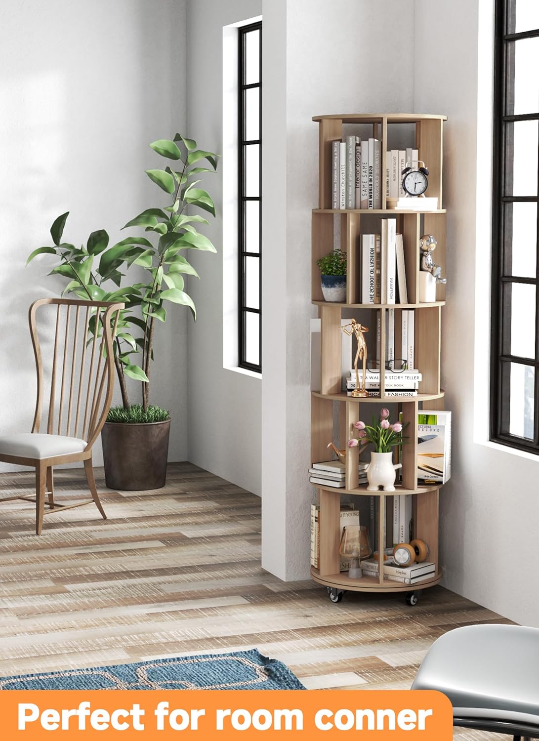 Baoz 5-Tier Rotating Bookshelf Tower, 360° Display Stackable Spinning Bookshelf with Wheels, Floor Standing Corner Revolving Bookcase, Rotating Book Shelf for Kids Rooms, Living Room, Bedroom - Wood