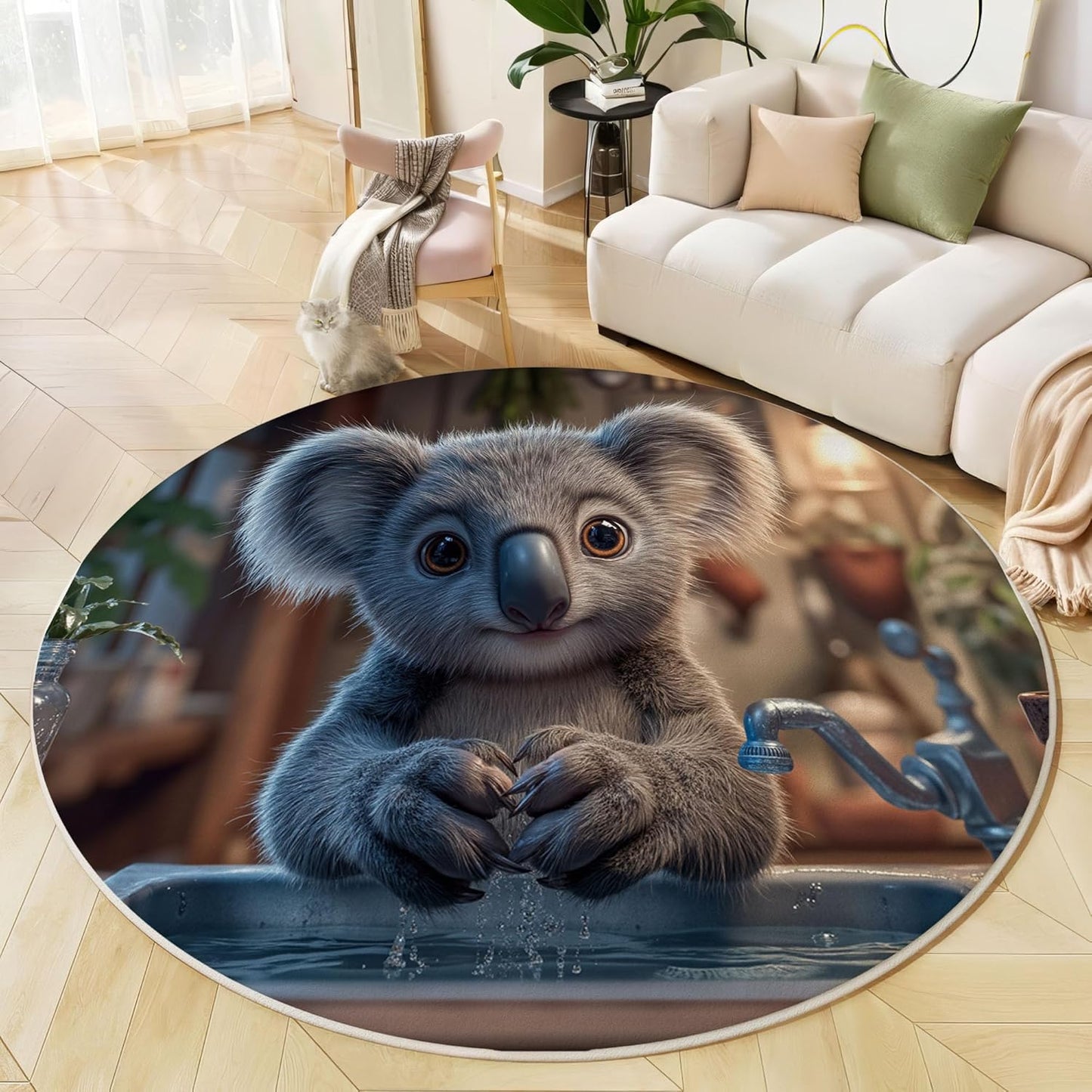 Round Rug for Kids Room, Fun Koala Pool Round Rugs 3Ft, Realistic Animal Style Circle Rug, Dark Gray Washable Circle Carpet for Living Room Bedroom, Non Slip Low Pile Thin Area Rugs