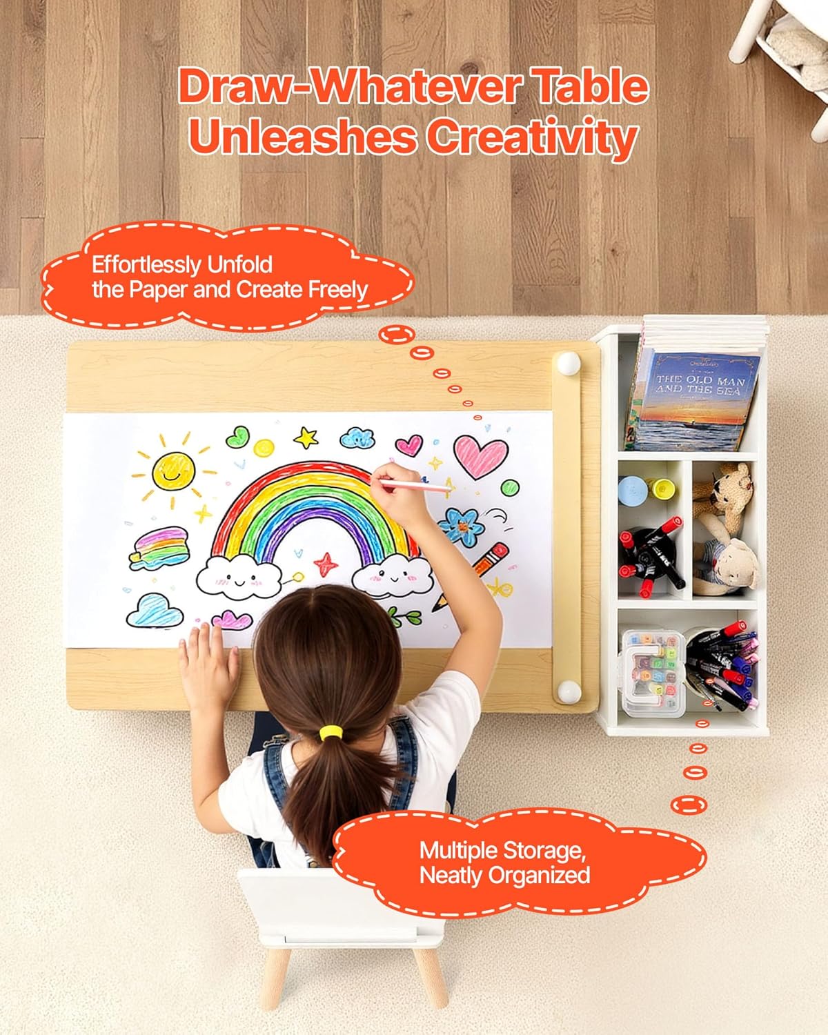 VEVOR Kids Art Table and Chair Set, Toddler Craft Table with 3 Tiers Storage Cabinet, Wooden Kids Activity Play Desk with 2 Chairs, Art Craft Play Desk for Reading, Learning, Drawing, Writing, White