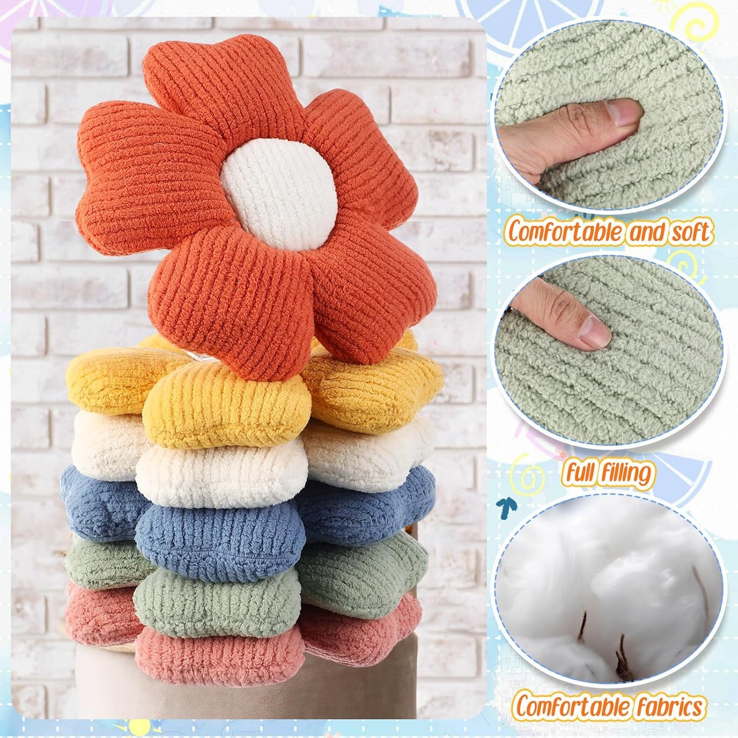 6 Pcs Flower Shaped Pillows Daisy Floor Throw Pillows 15 Inch Flower Seat Cushion for Reading Sofa Couch Bed Decor for Back to School First Day of School(Vivid Color)