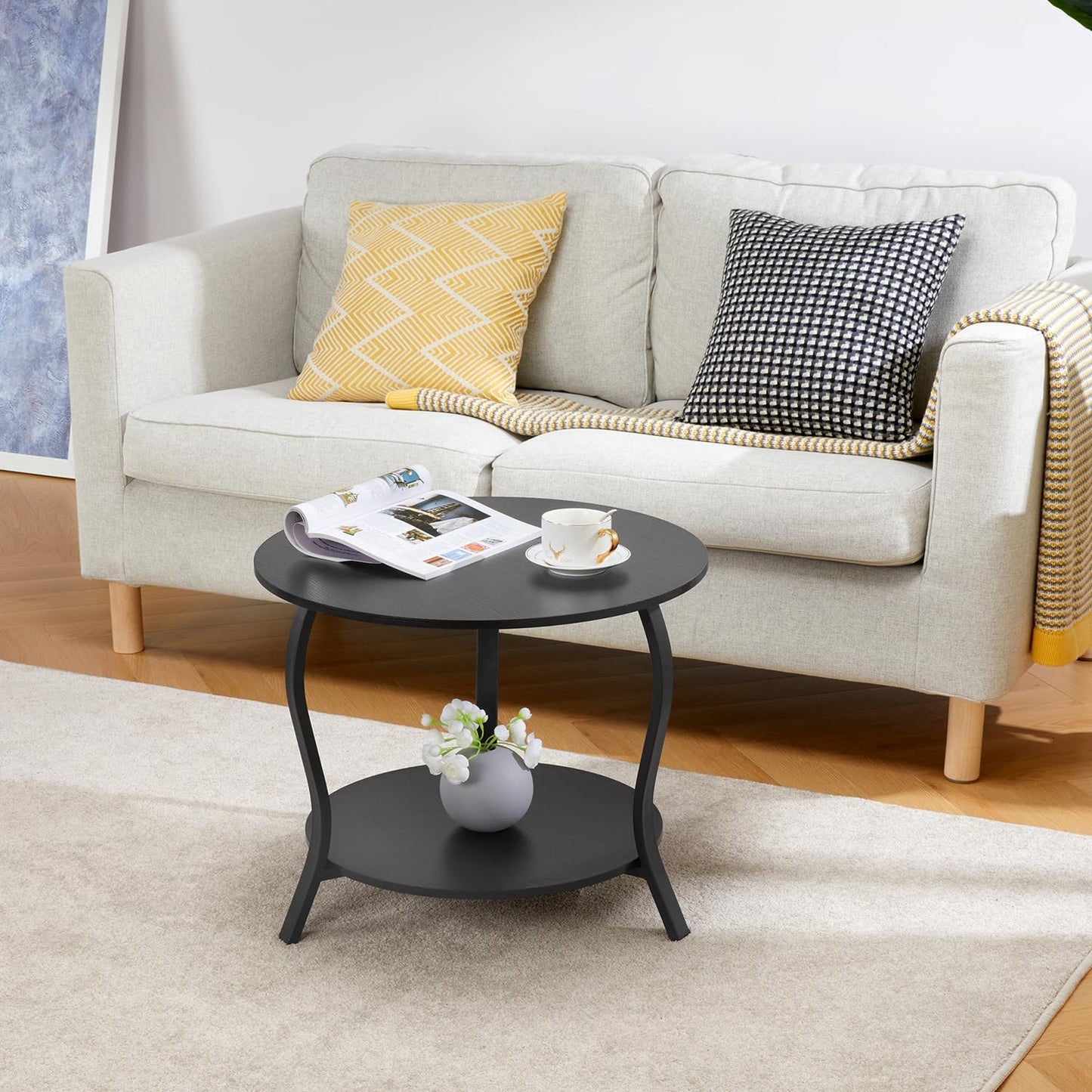 Small Round Coffee Table with Open Storage,23" 2-Tier Coffee Side Tables for Small Space, Accent Center Table Circle Sofa End Table with Wooden Table Top for Living Room Bedroom Apartment,Black