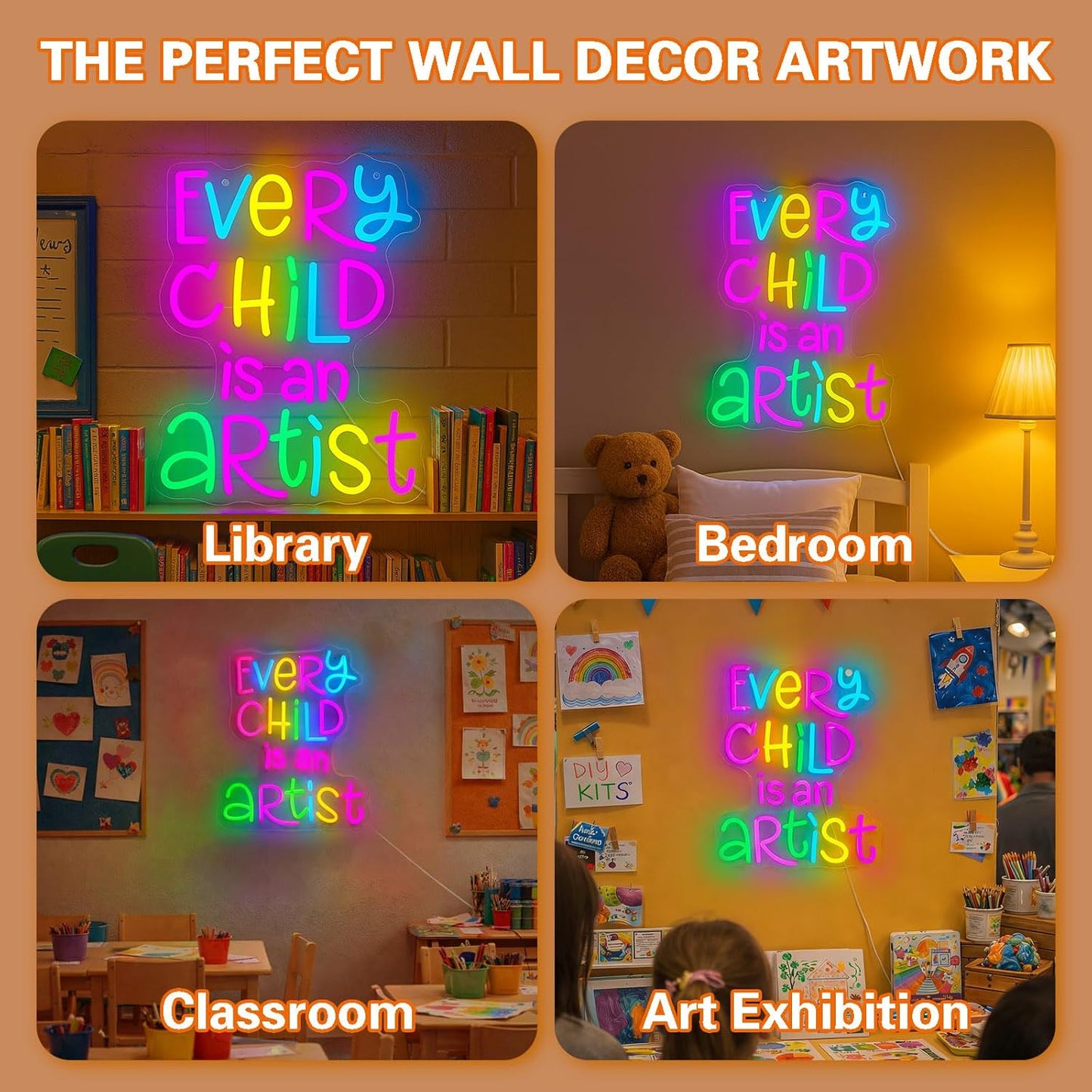 Every Child Is an Artist Neon Sign, Classroom Decor USB Powered Dimmable LED Word Light, Library Reading Corner & Home Study Wall Art, Teacher Gift, Easy Hang Acrylic Backboard