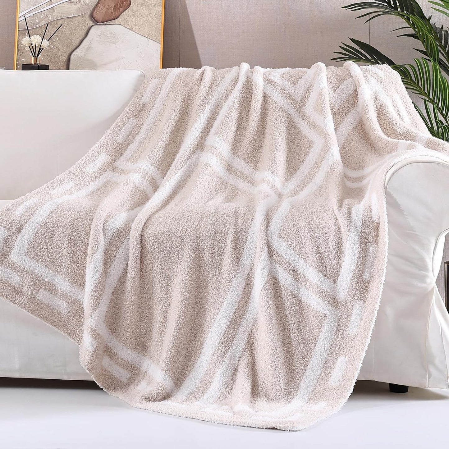 Panku Ultra Soft Cozy Knit Throw Blanket for Couch and Bed, Knitted Luxury Reversible Cozy Warm Fleece Blanket Throw, Plush Fluffy and Fuzzy Geometric Blankets for Gift (50x60 Inches, Beige/Khaki)