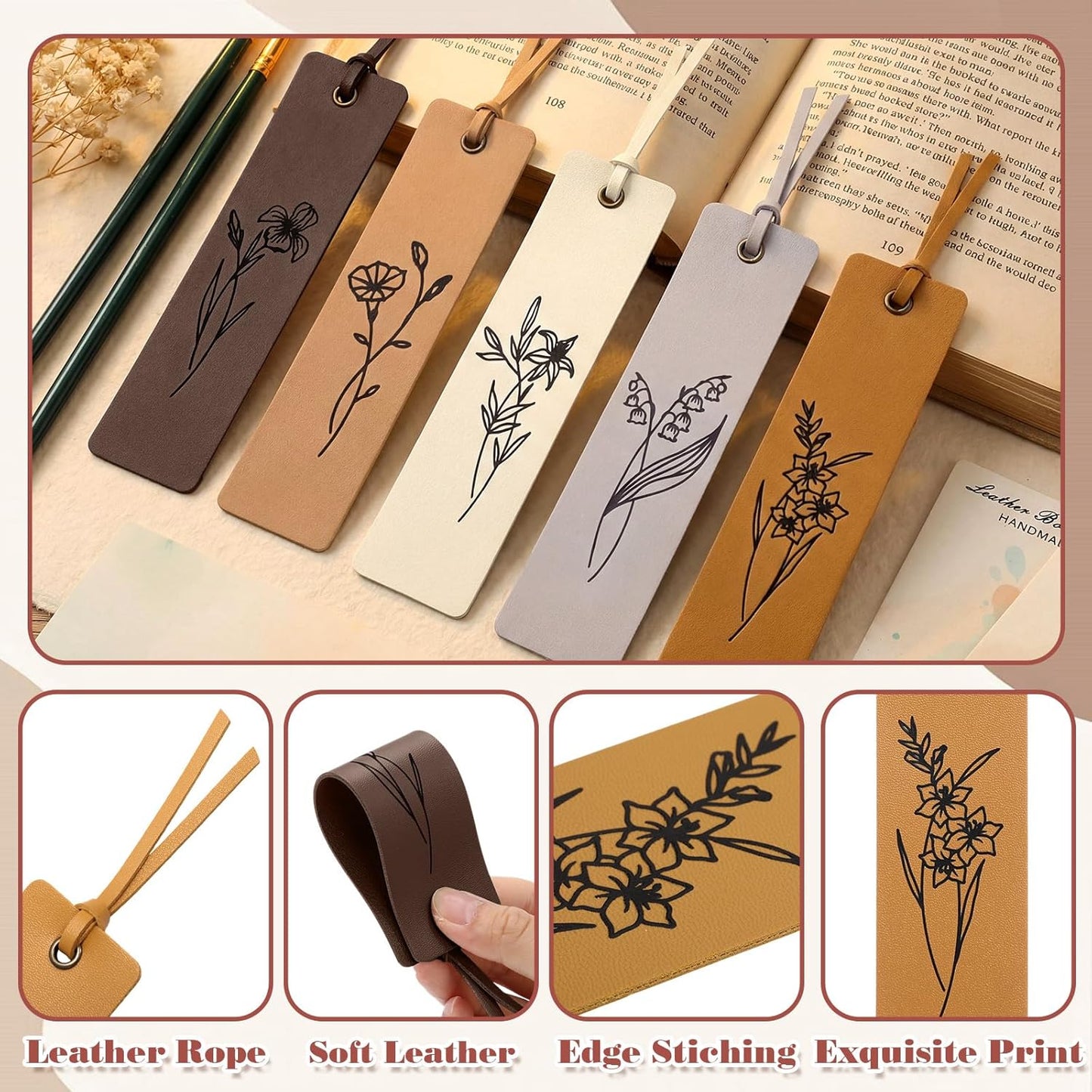 5 Pcs Flowers Leather Bookmark for Reading Bookmarks with Rope Cards Stitched Bookmark, Women Men Kids Floral Page Marker Reading Gift for Book Lover Teacher Gift School(Aesthetic Color)