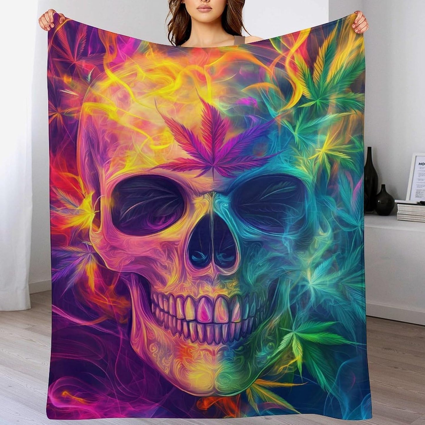 Skull Smoke Weed Throw Blanket for Couch Bed Plush Cozy Fuzzy Flannel Blanket for All Season 60"x80"