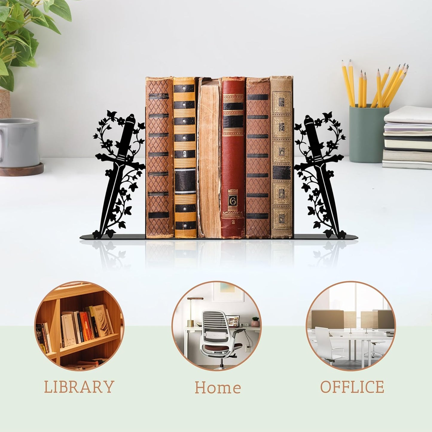 Cute Book Ends for Shelves – Decorative Dagger-Themed Bookends for Shelves, Unique Bookends for Home, Office, or Gift – Sturdy Metal Book Ends Decorative