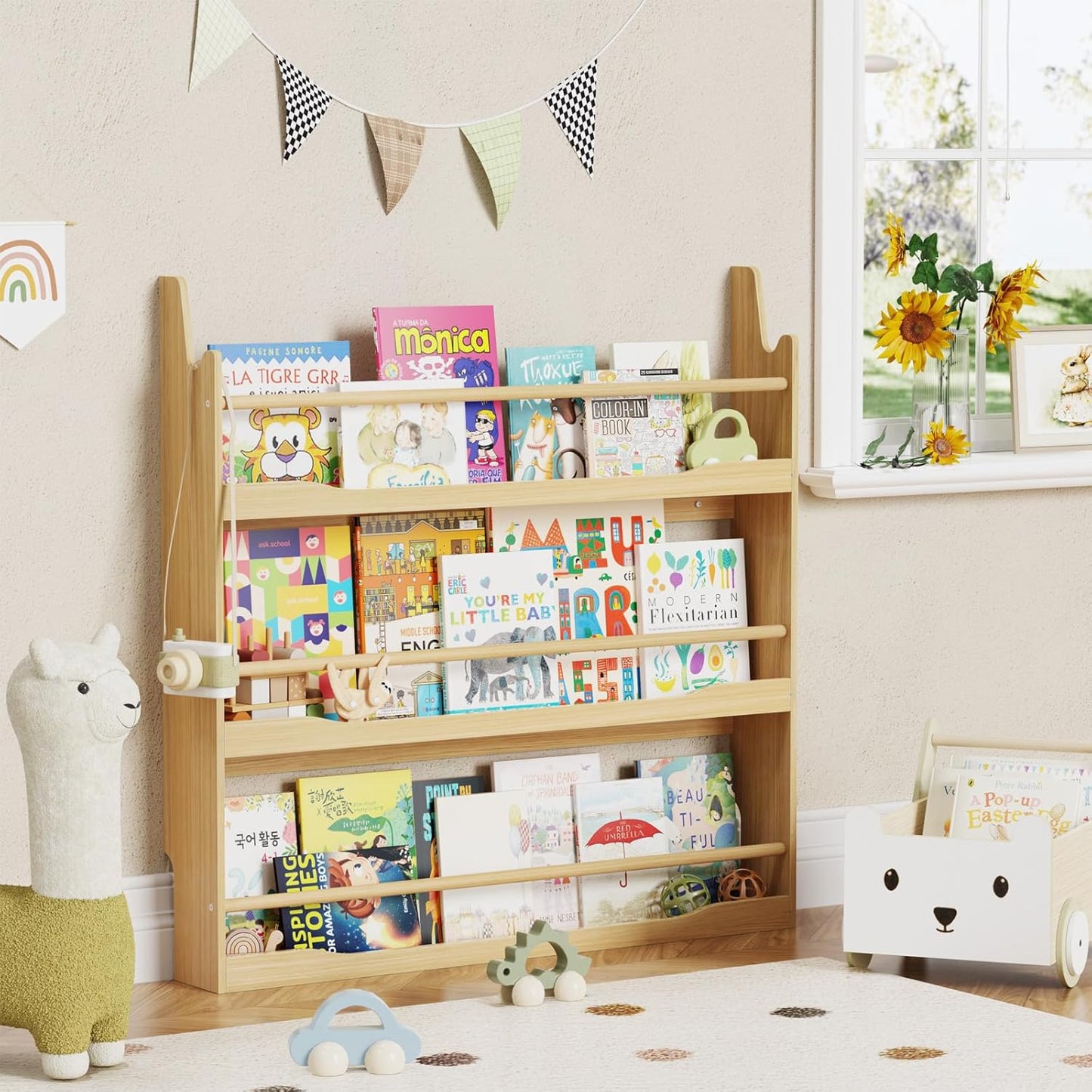 Lkeiyay Wooden Kids Bookshelf,Wall Mount 3-Tier Book Shelf Organizer for Toys and Books,Wall Book Shelves for Bedroom Kids (Natural)