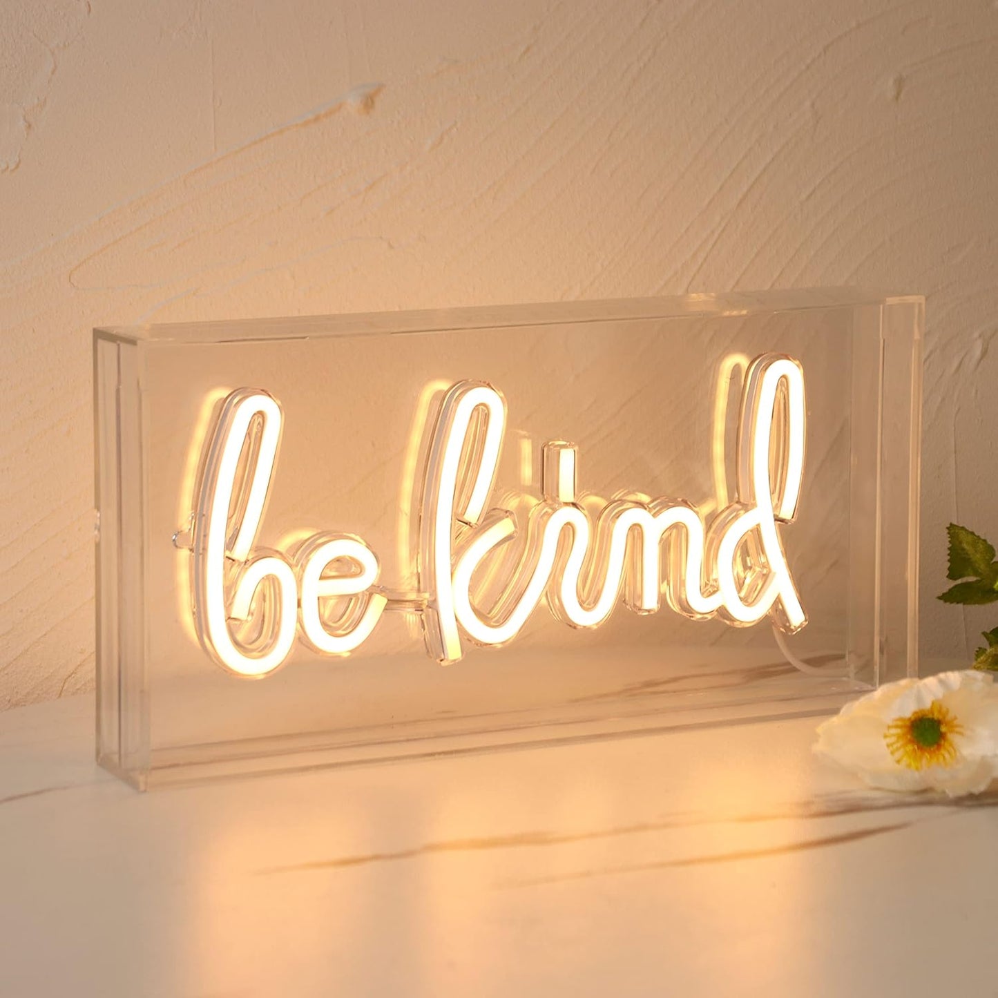 Be Kind LED Neon Sign Warm White Acrylic Box Tabletop and Wall Mounted Light USB Powered Decorative Neon Art for Bedroom Home Office Studio and Dorm Decor (Power Adapter Not Included)
