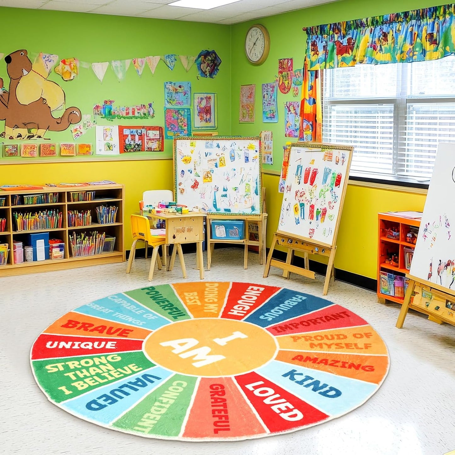 Corner Boho Nursery Sun Rug Positive Words Round 4 ft for Kids Playroom Washable Educational Rug Motivational Soft Circle Mat Back to School for Classroom Reading Dorm(Rainbow Color)