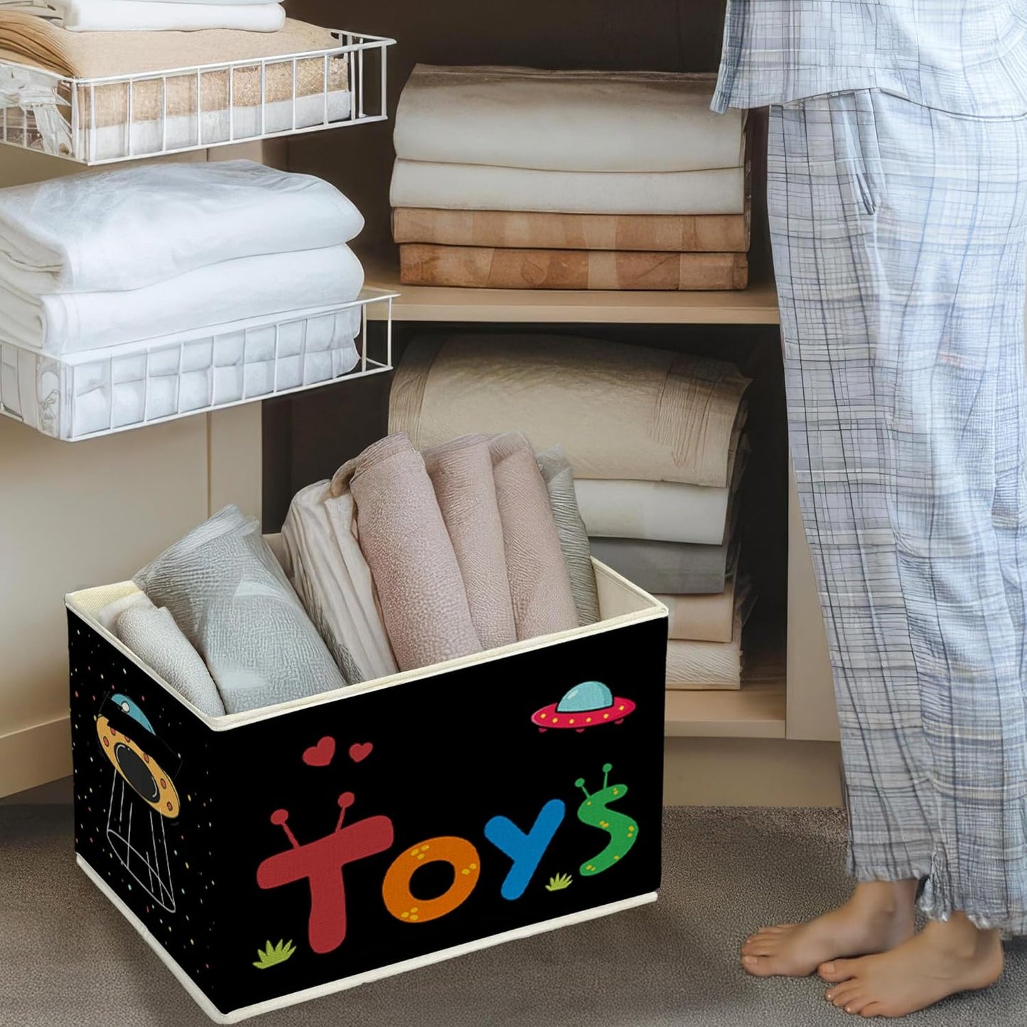 Space Nursery Storage Bins & Boxes with Handles, Outer Space Foldable Basket for Organizing, Galaxy Collapsible Storage Basket for Kids Boys Nursery Room Bedroom Playroom Clothes Toys Books