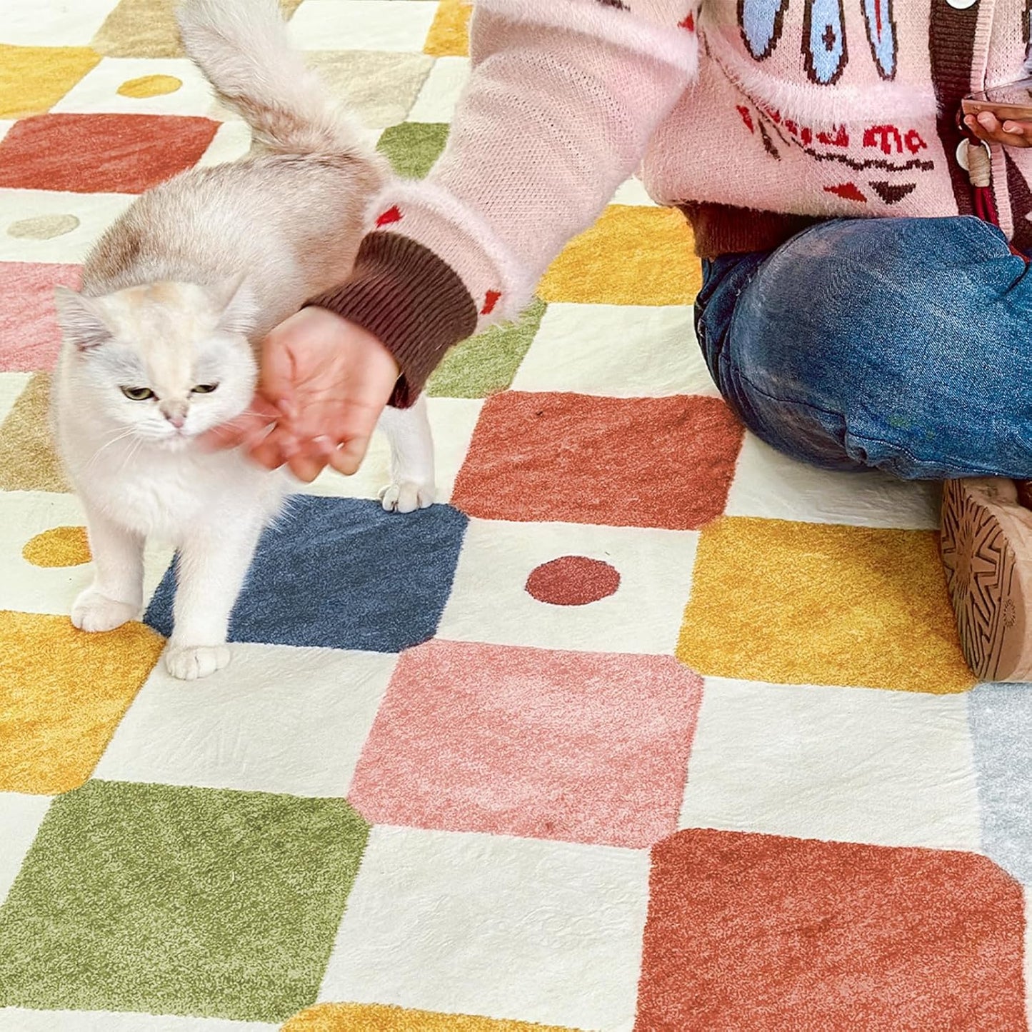 jinchan Macy 6ft Kids Round Rug for Classroom Modern Colorful Checkered Diamond Playroom Rug Indoor Washable Soft Non Slip Carpet for Nursery Living Room Bedroom Daycare Circus on Cream