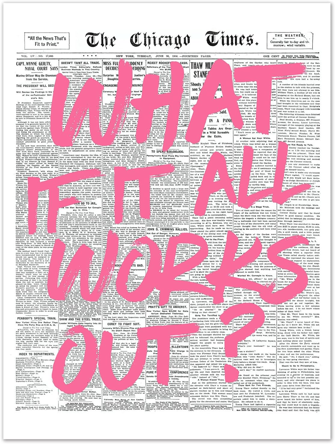 What If It All Works Out Pink Wall Art – Aesthetic Newspaper Canvas Poster, Motivational Quote Print for Girl Dorm Room, Feminine Positive Decor for Bedroom or Office 1216 in Unframed