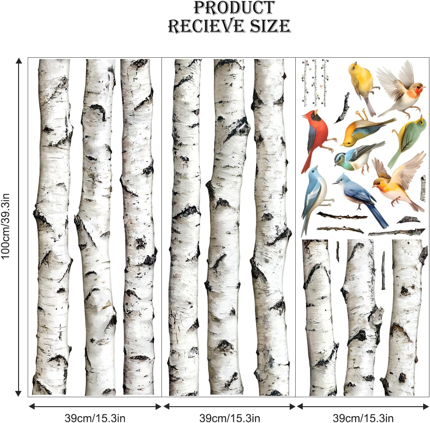 95" Tall Birch Tree Wall Decals 3 White Aspen Trees Flying Birds Wall Stickers Peel and Stick Birch Trunk Wall Art Decor for Bedroom Living Room Kitchen Sofa TV Backdrop