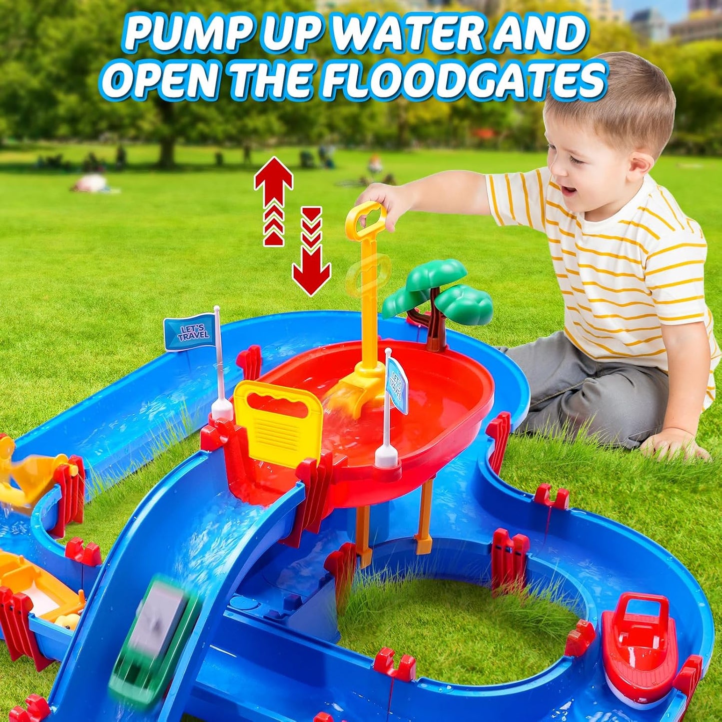 Double-Tier Kids Water Table Toys, 100PCS Water Park Playset with Pump, DIY Toddler Waterways, Summer Outdoor Toys for Backyard,Lawn,Beach,Pool, Outside Activity Funs for Boys Girls 4-8 3-5
