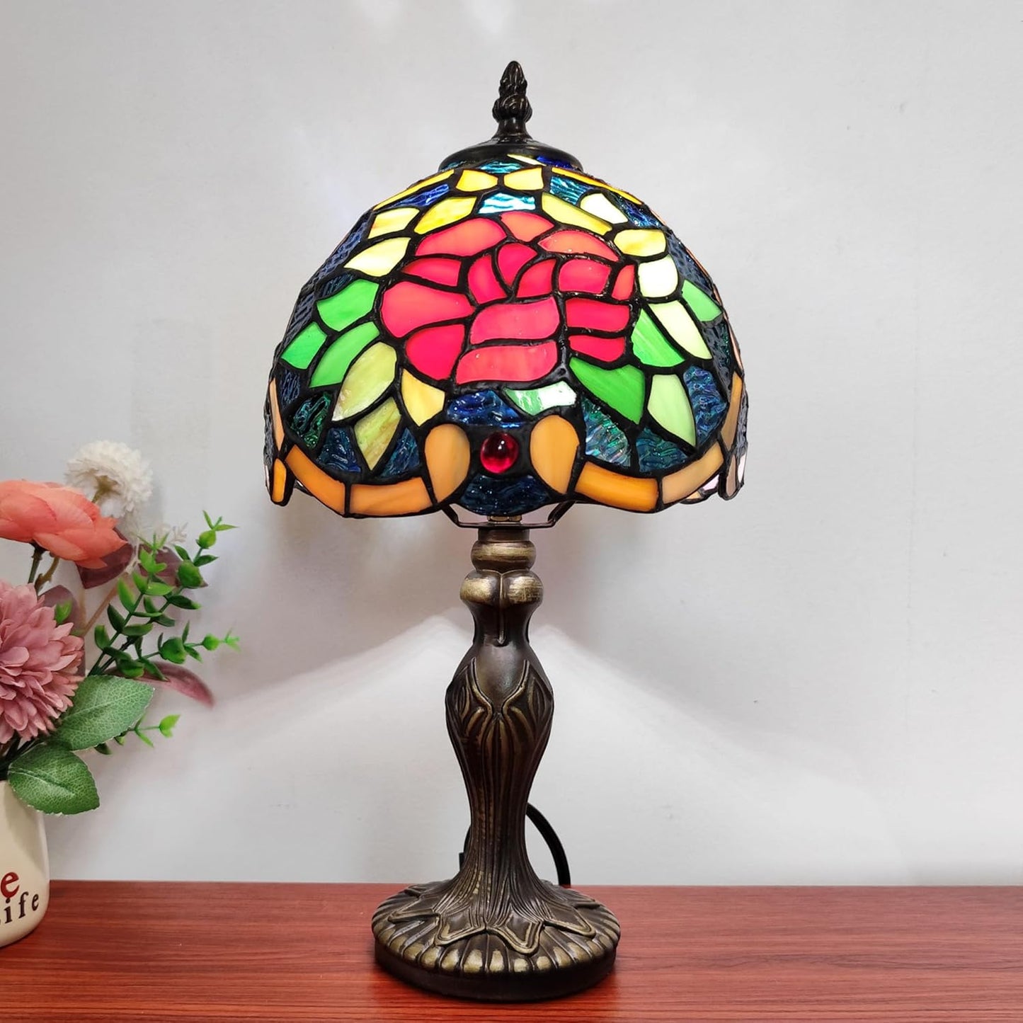 Tiffany Table Lamp Red Heart Rose Flower Stained Glass Lamp 3-Way Decorate Reading Light for Home Living Room Nightstand Bedroom Office Include Light Bulb
