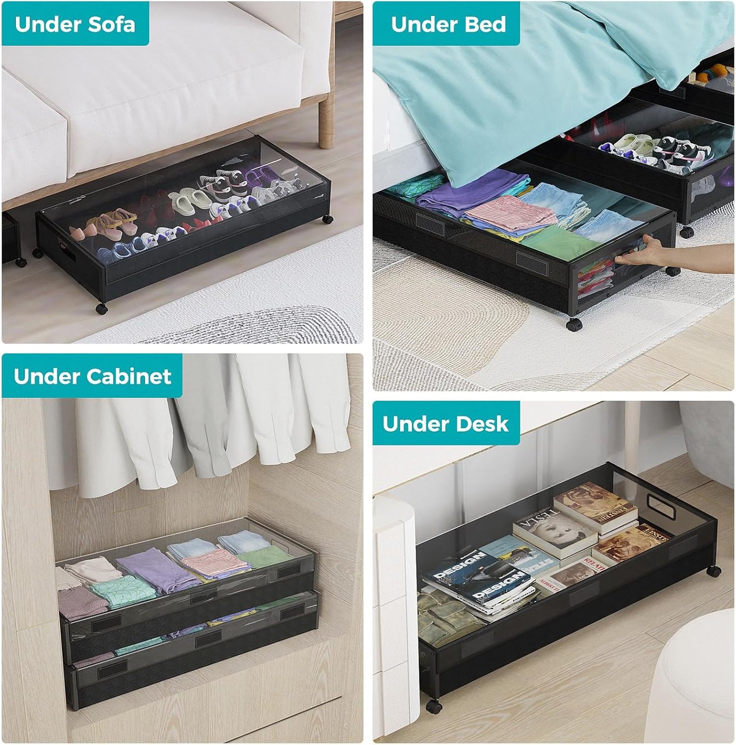 oylik Large Under Bed Storage with Wheels, Metal Under Bed Storage Containers with Clear Lid, Handle, Rolling Under Bed Shoe Storage Drawers, Under Bed Storage Bins for Clothes Shoes Books, 2 Pack