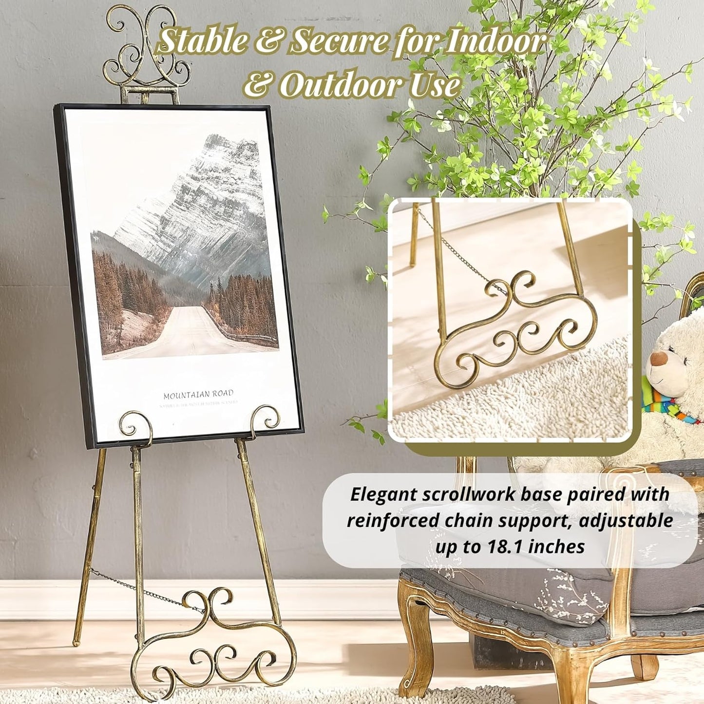 57”H Metal Easel Stand for Sign Rustic, Upgrade Large Free Standing Adjustable Display Scroll Easel Stand, Heavy Duty for Mirror Pictures Wedding Holder Showcasing with Chain Support