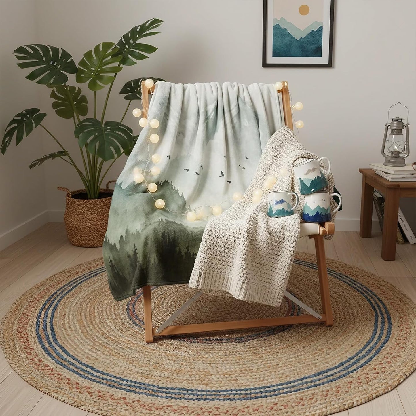 Neasow Watercolor Mountain Forest Fleece Throw Blanket, Nature Misty Foggy Sage Green Tree Landscape Art Nap Blankets Gift Sofa Bed Couch Chair or Dorm Throws 50×60 inches