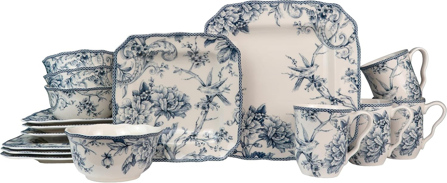 222 Fifth Adelaide 16-Piece Floral Porcelain Dinnerware Set | Microwave and Dishwasher Safe Dining Set for 4 | Stackable and Chip-Resistant Plates Bowls and Cups | Gift for Housewarming and Wedding