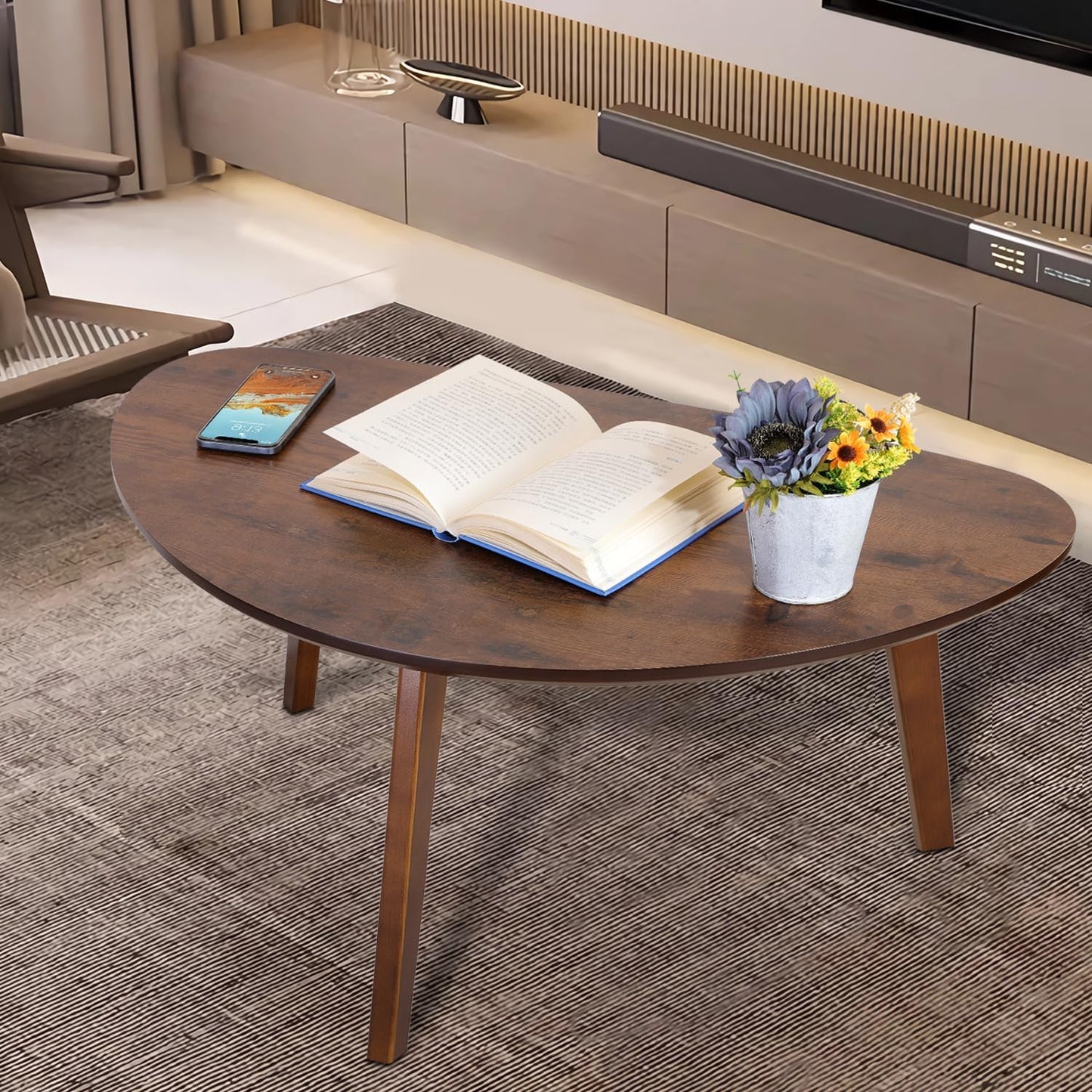 Large Oval Coffee Table Wood Mid Century Modern Unique Retro Farmhouse Contemporary Triangle Table for Living Room, Bedroom Office 19" D x 34" W x 16" H