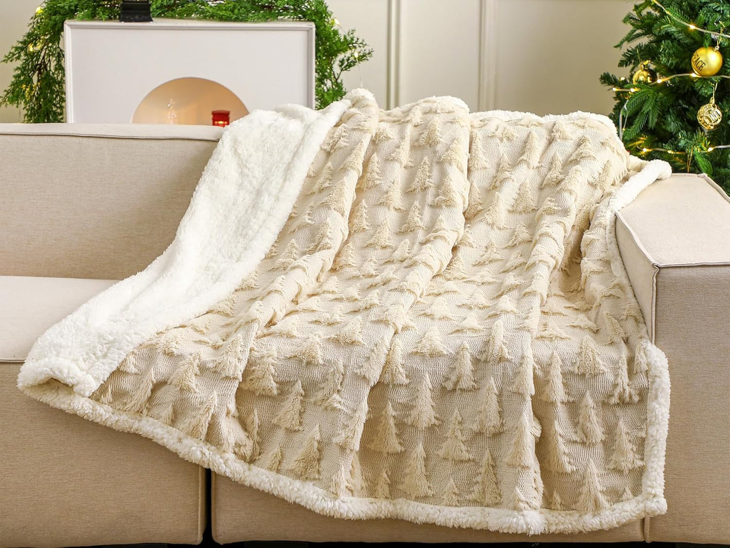 Christmas Sherpa Throw Blanket 3D Christmas Tree Snowflake Reindeer Double-Sided Thick Soft Plush Fluffy Decoration for Couch, Bed, Sofa Holiday Party Gifts, 50" x 60"(Beige, Xmas Tree)
