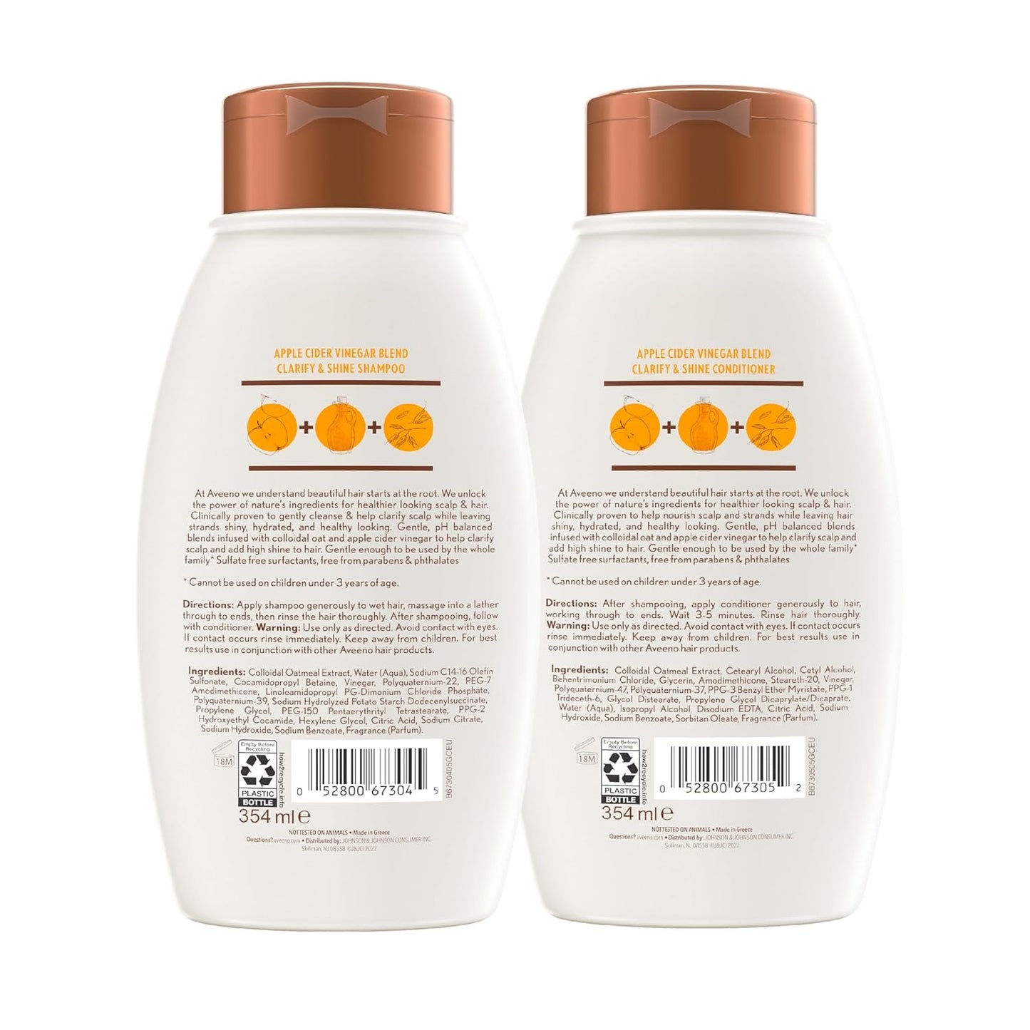 Aveeno Apple Cider Vinegar Shampoo + Conditioner Set, Hair Care Bundle for Balance & High Shine, Daily Clarifying & Soothing Scalp Shampoo & Conditioner for Oily & Dull Hair, Two Pack, 2 x 12 fl. oz