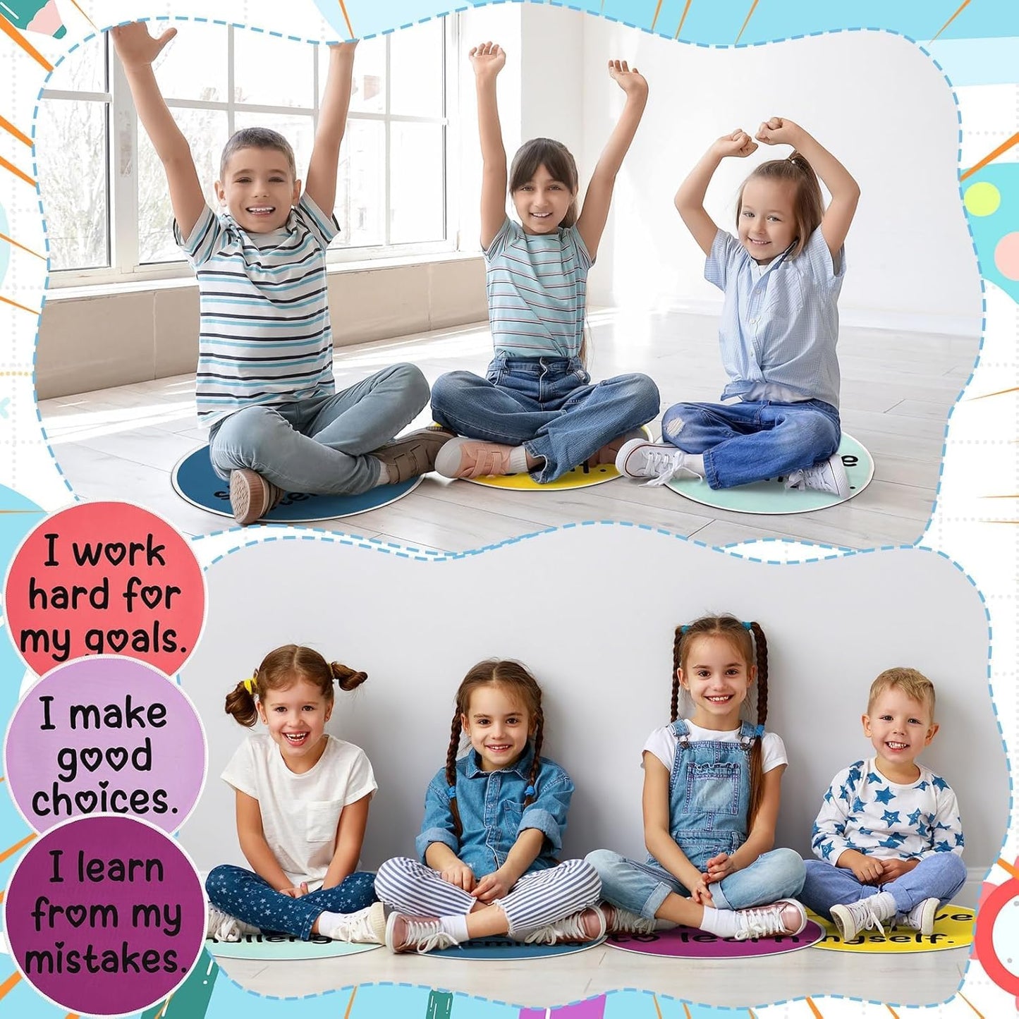 OBUSATT 12Pcs Carpet Circle Seats 15 Inch Positive Affirmations Round Classroom Rug Non Slip Floor Cushions Mat for Back to School Nursery Learning Calming Corner Playing Areas Decor(Positive Mindset)