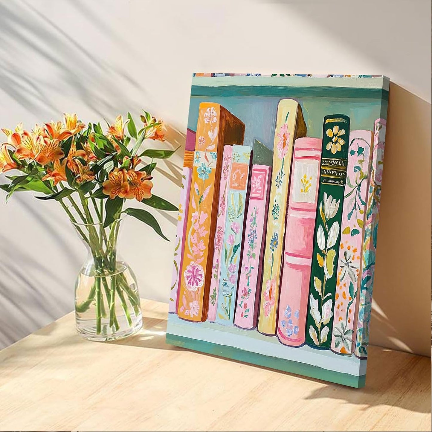 Pastel Book Canvas Wall Art Modern Study Colorful Books Decor Pictures Girl Reading Bookworm Nook Paintings Poster Prints for Home Decoration Classroom Bathroom Bedroom Living Room Decoration