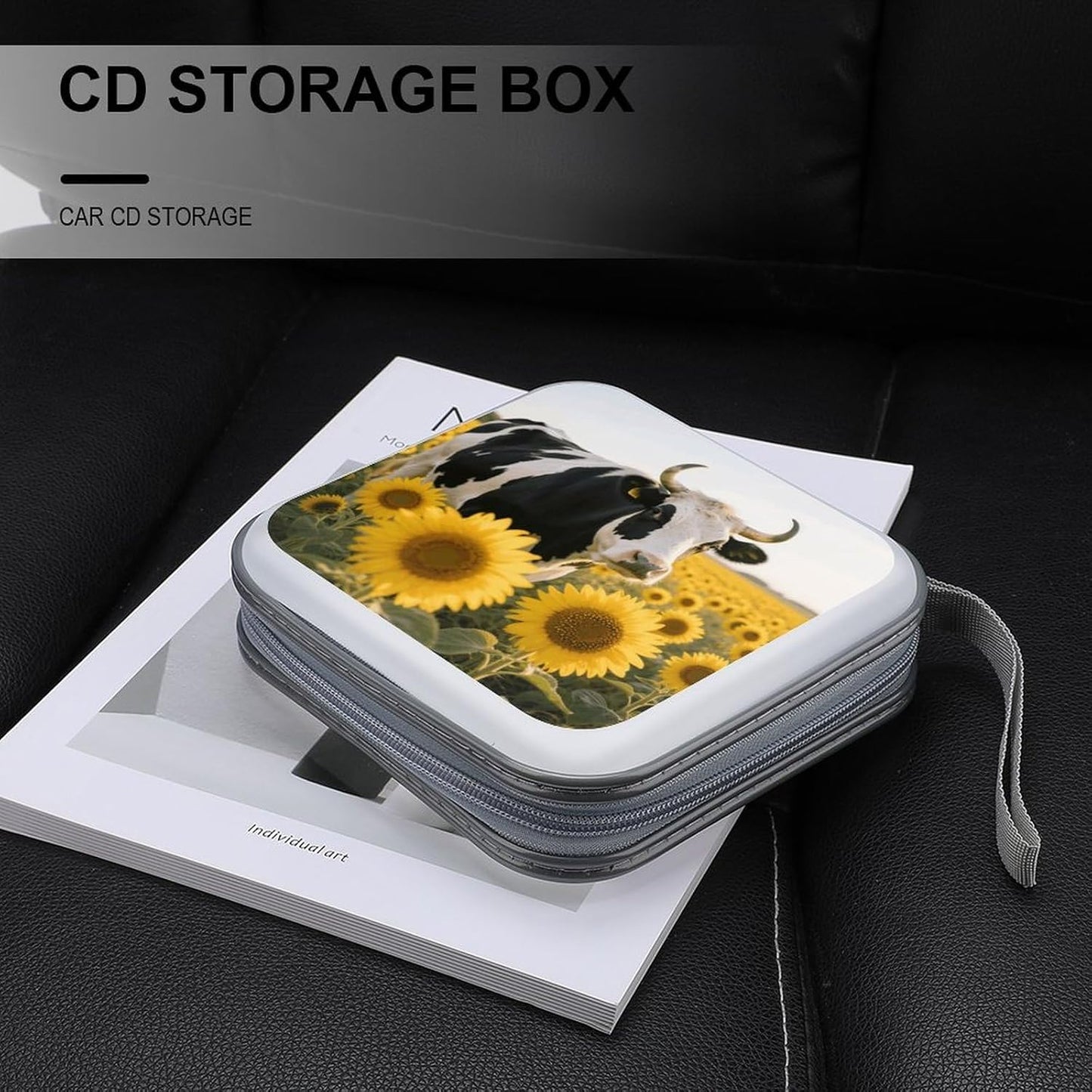 Cow Sunflowers CD Case Portable Zipper CD Case 40 Capacity Hard Plastic DVD Cases Holder Large Storage Disc Wallet Bag for Car Home Travel DVD Collection Bag