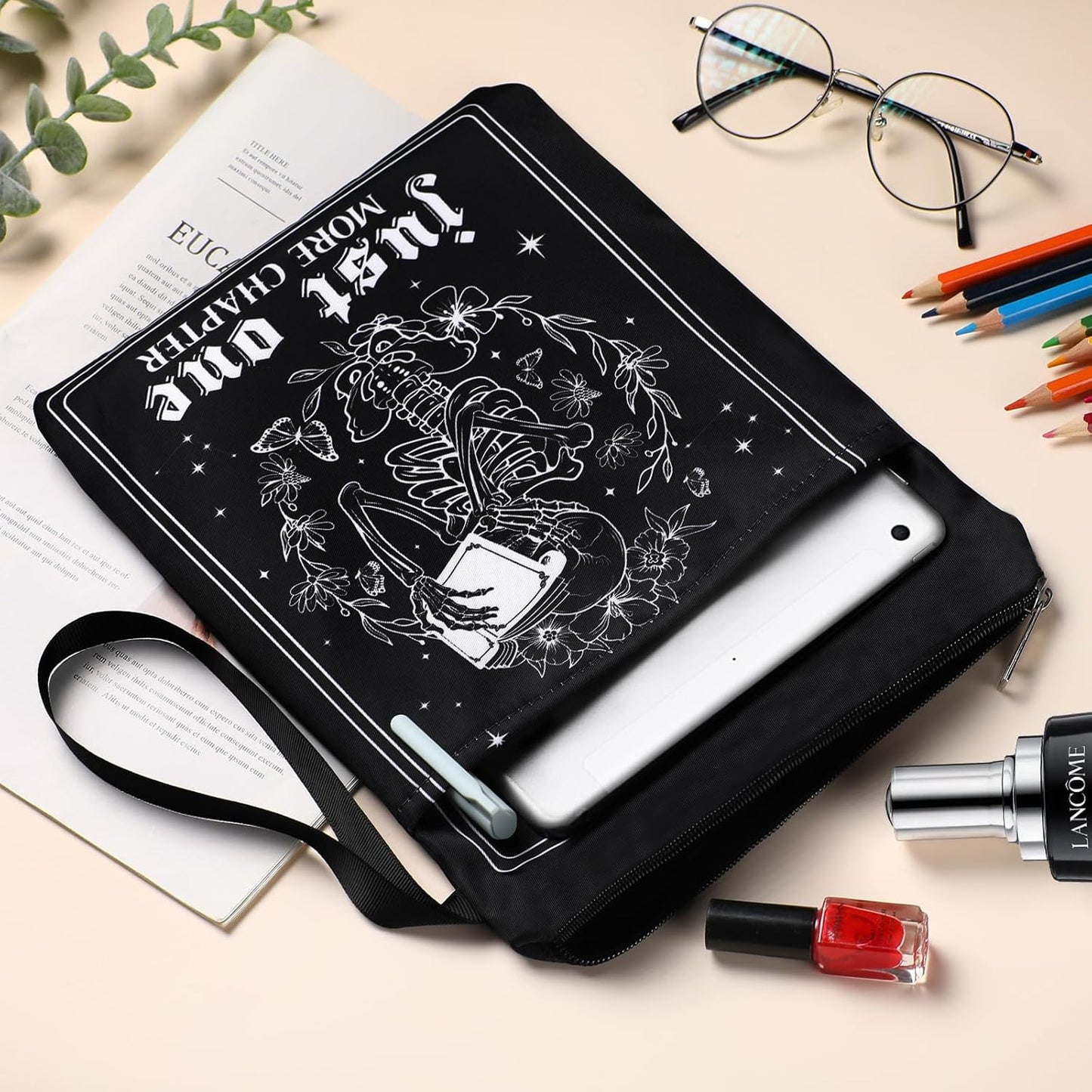 Gothic Skeleton Book Sleeve - Tarot Card Book Sleeves Office Just One More Chapter Skull Waterproof Book Covers with Zipper Pouch Front Pocket Romance Washable Gifts for Books Lover Reader