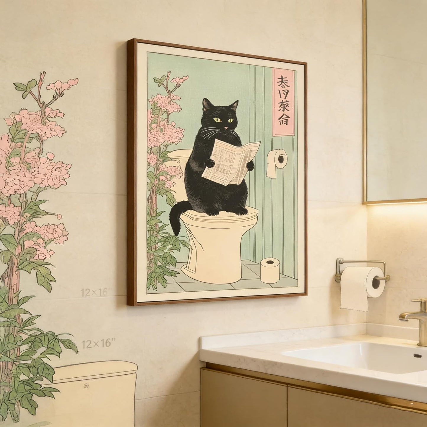 Paivovi Framed Japanese black cat on toilet Canvas Wall Art Funny bathroom print Toilet poster Japanese Cat Wall Decor Pictures Aesthetic Minimalism Artwork Neutral Painting Home Decoration,12x16in