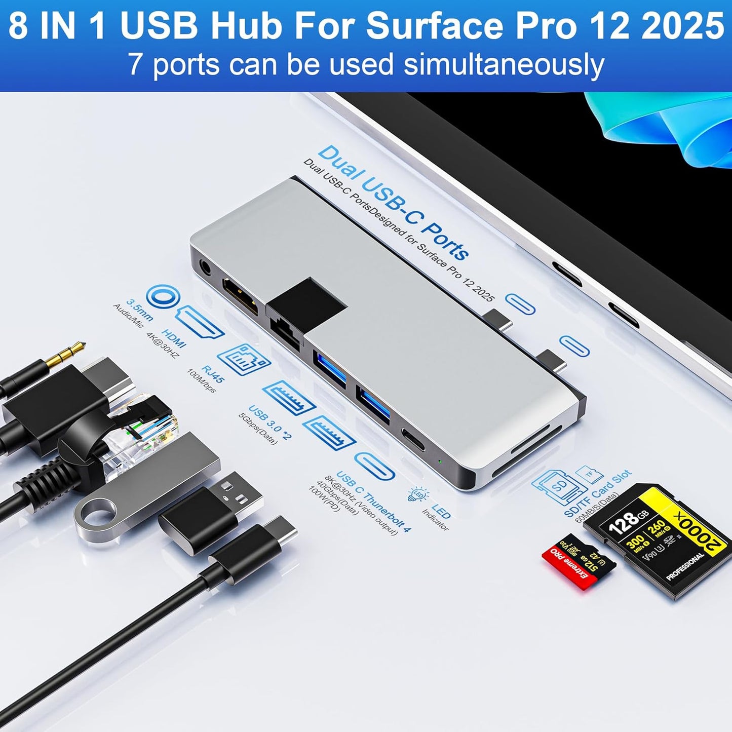 Surface Pro 12 2025 Hub USB C, Surface Pro 12 Hdmi Adapter with 4K HDMI, Thunerbolt 4 (8K Video+Data+100W PD), 2*USB 3.0, 3.5mm Audio, 1 * 100M Ethernet、SD/TF, Hub for Surface Pro 12 inch (2025)