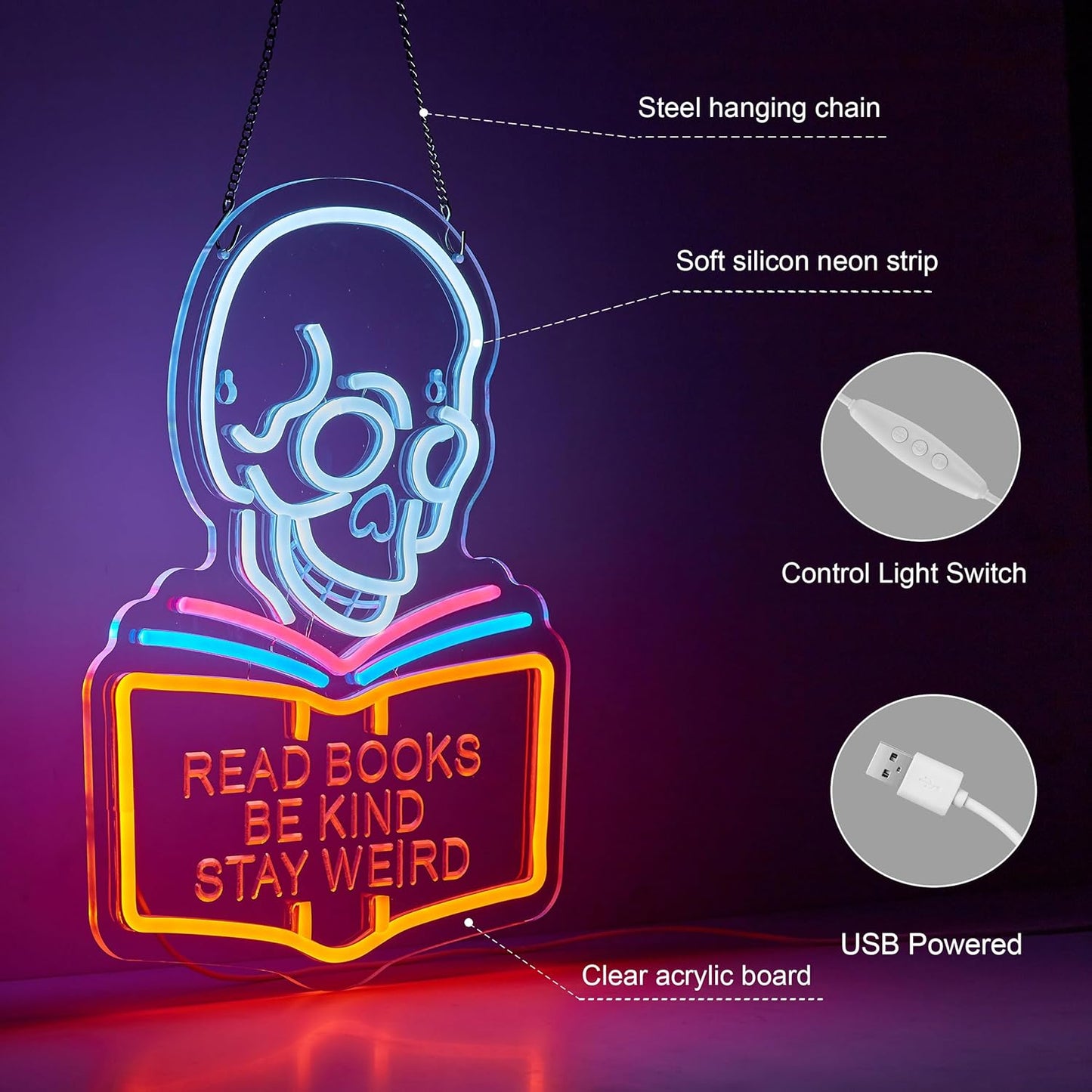 Read Books Be Kind Stay Weird Neon Sign for Wall Décor Dimmable Read Books Neon Sign LED Light Decor
