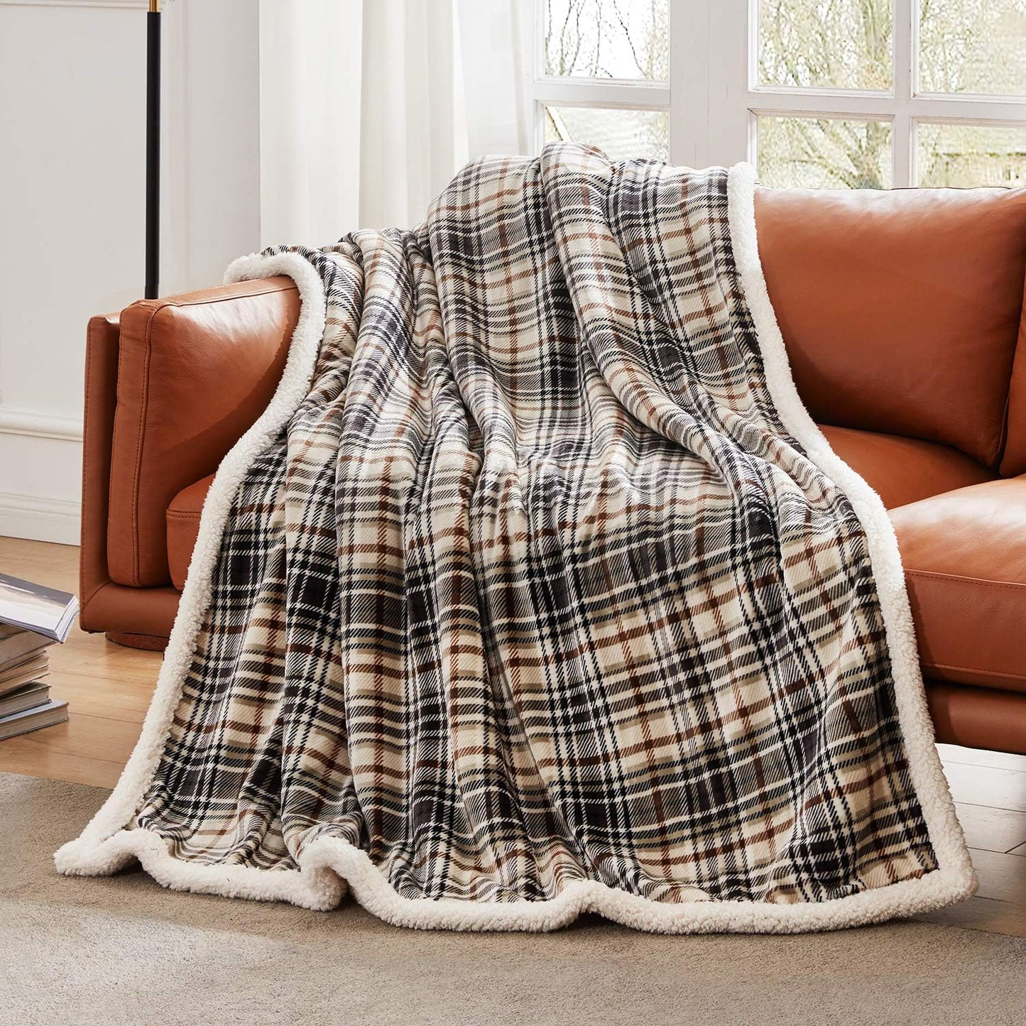 Touchat Sherpa Plaid Throw Blanket, 60" X 70"Fuzzy Fluffy Cozy Soft Blanket, Fleece Flannel Plush Twin Size Microfiber Blanket for Couch Bed Sofa (Brown)