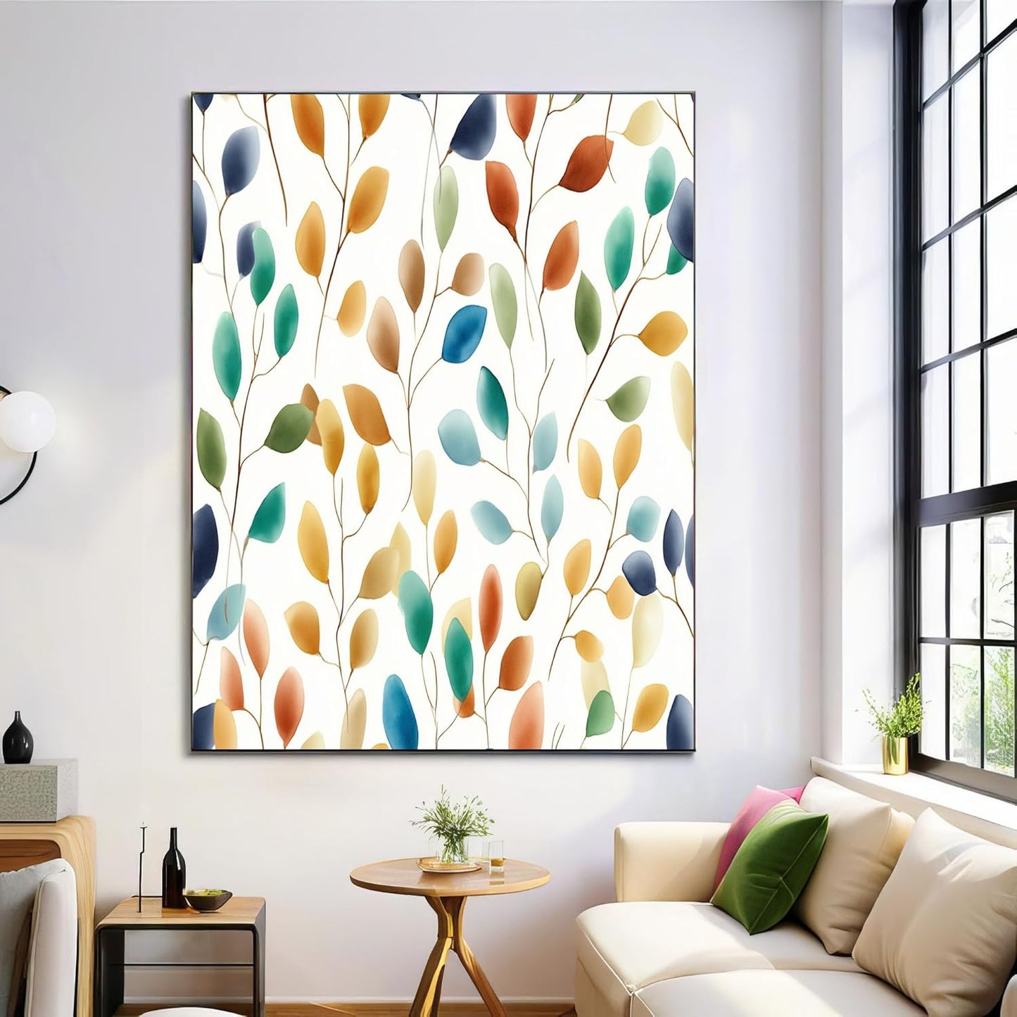 GDJSMIN Watercolor Abstract Branches Wall Art, Orange Green Leaves Pattern Poster For Reading Room Living Room Decor 12X 16 Inch Unframed